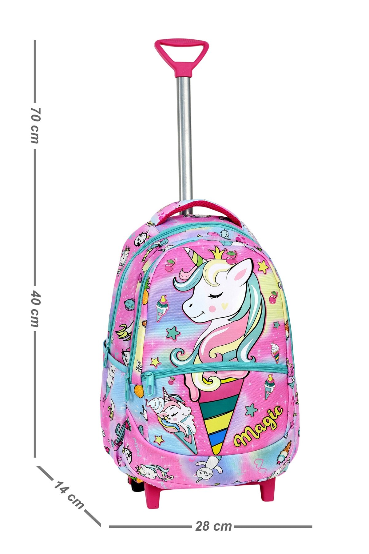 Çekçekli 3'lü Okul Seti, Unicorn Desenli İlkokul Çantası + Beslenme Çantası + Kalemlik