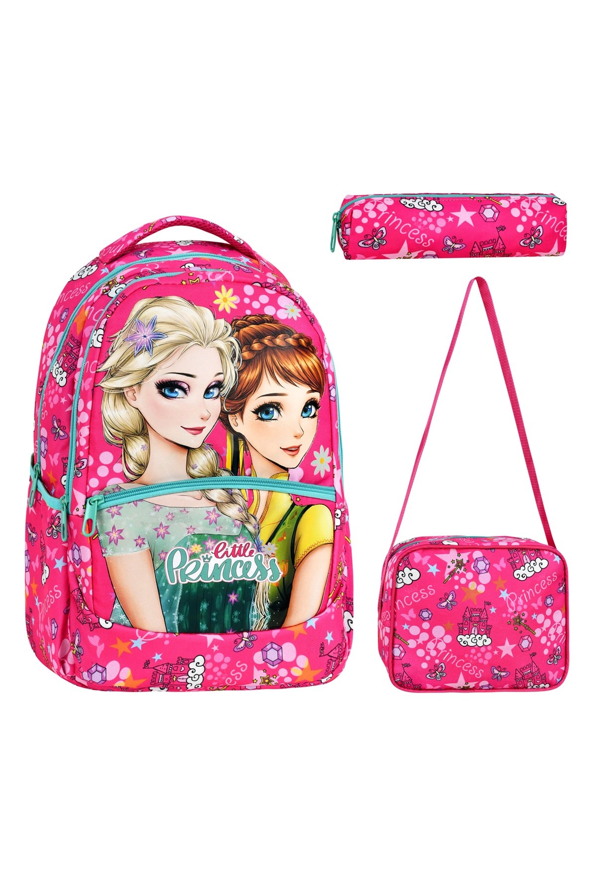 3’Lü İlkokul Frozen Desenli, Kız Çocuk Beslenmeli Ve Kalemlikli Okul Çantası - Pembe