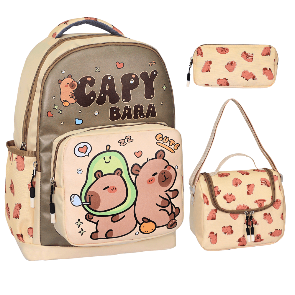 3’Lü İlkokul Capybara Baskılı, Unisex Çocuk Beslenmeli Ve Kalemlikli Okul Çantası - Bej
