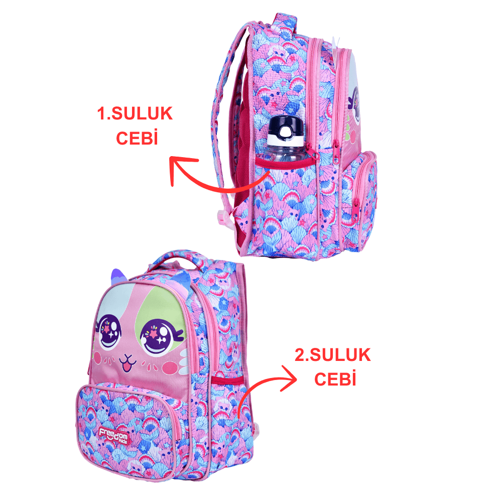 Pembe Kedi Baskılı, Su Geçirmez, Ortopedik Sırt Özellikli, İlkokul Çantası + Beslenme Çantası