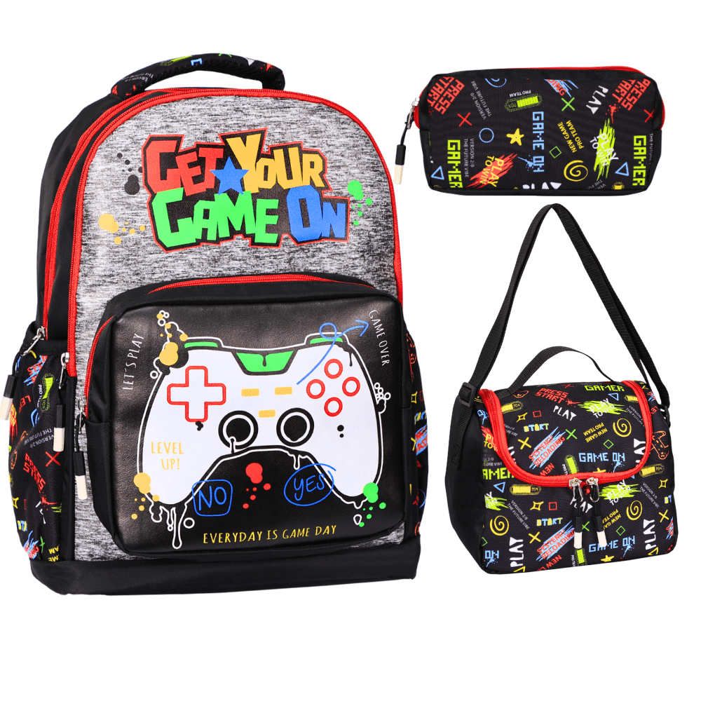 3’Lü İlkokul Gamer Baskılı, Erkek Çocuk Beslenmeli Ve Kalemlikli Okul Çantası