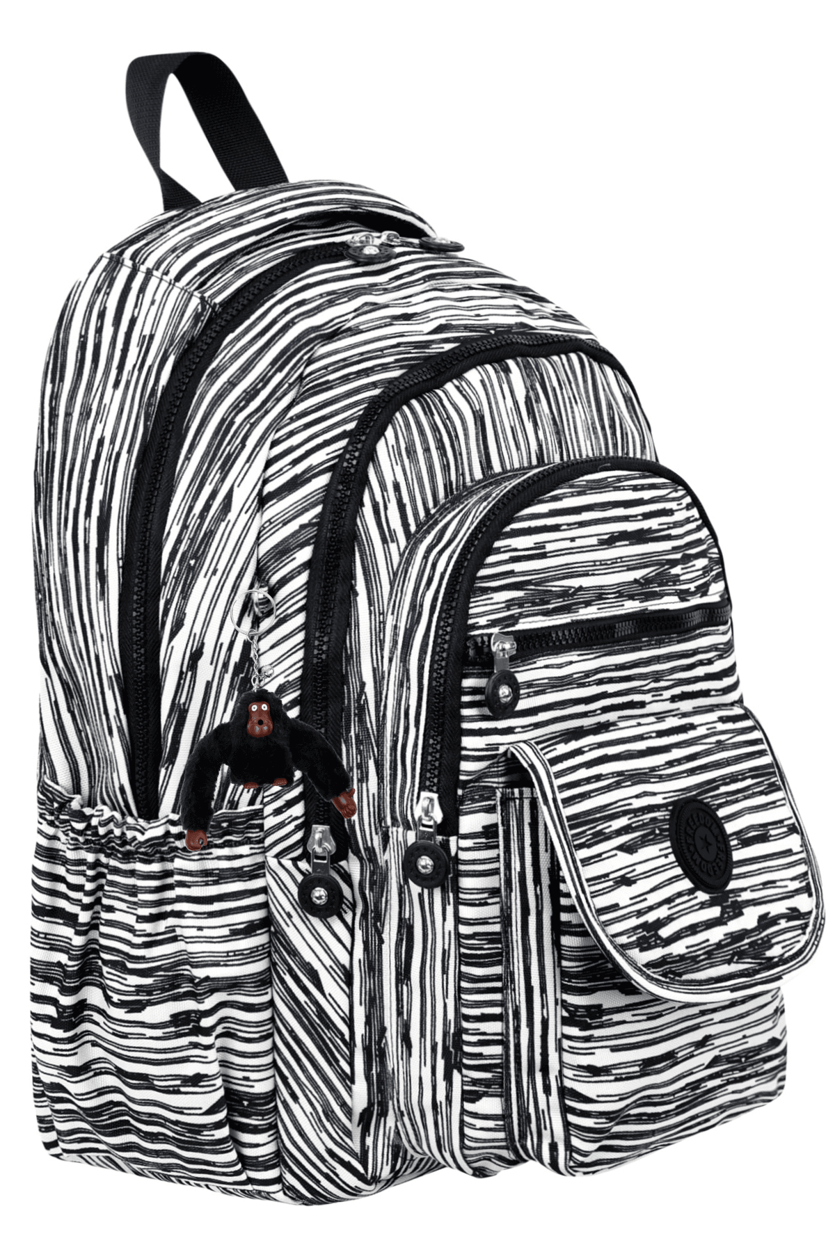 Lüx Desenli Orta Boy Sırt Çantası, Maymun Anahtarlık Hediyeli - Zebra Desenli