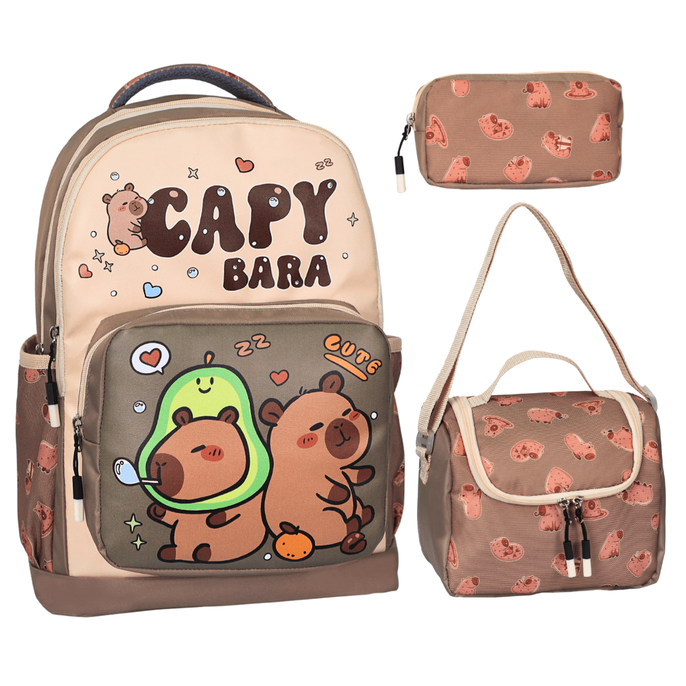 3’Lü İlkokul Capybara Baskılı, Unisex Çocuk Beslenmeli Ve Kalemlikli Okul Çantası - Vizon