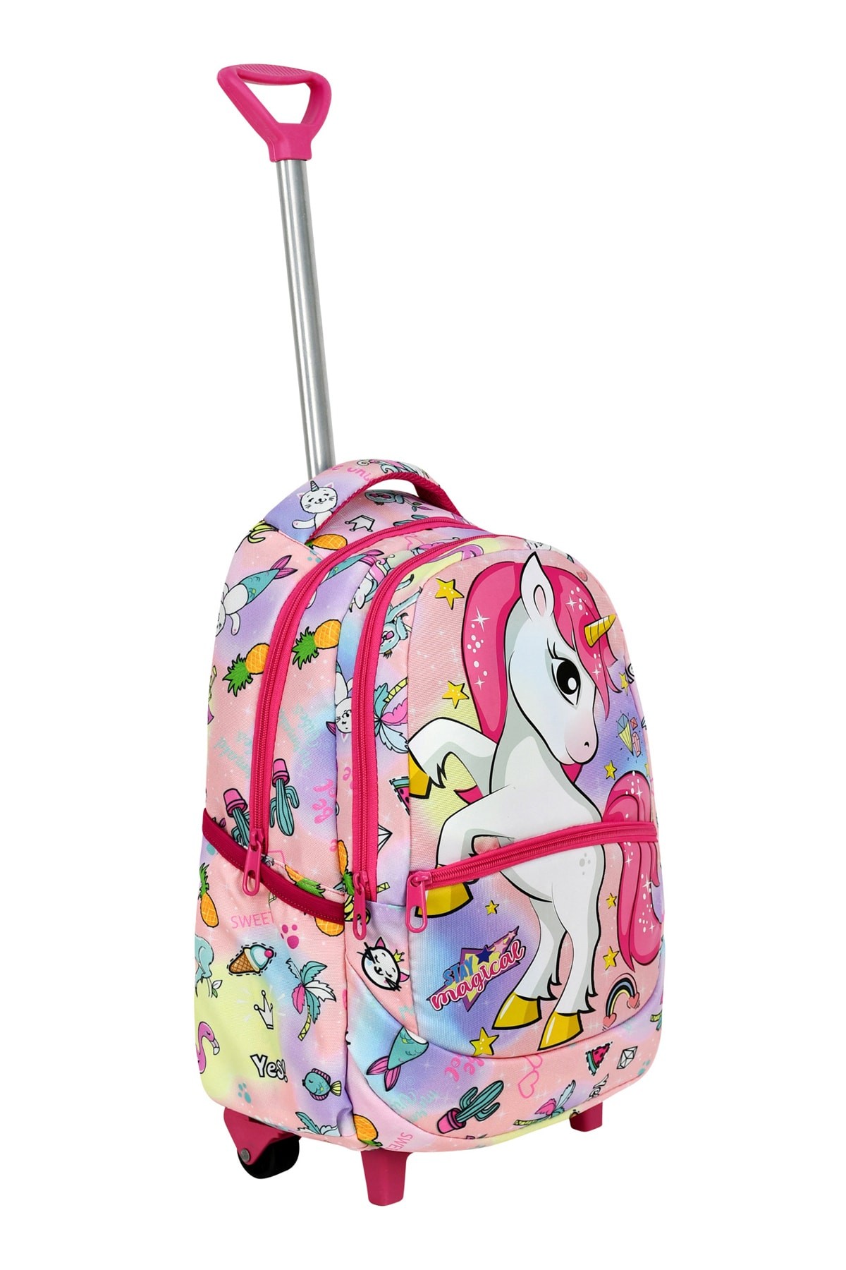 Çekçekli 3'lü Okul Seti, Unicorn Desenli İlkokul Çantası + Beslenme Çantası + Kalemlik