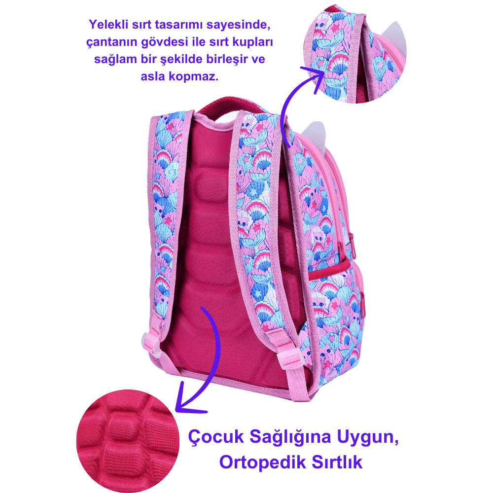 Pembe Kedi Baskılı, Su Geçirmez, Ortopedik Sırt Özellikli, İlkokul Çantası + Beslenme Çantası