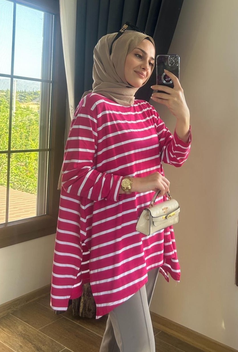 Çizgili Tunik - Fuşya