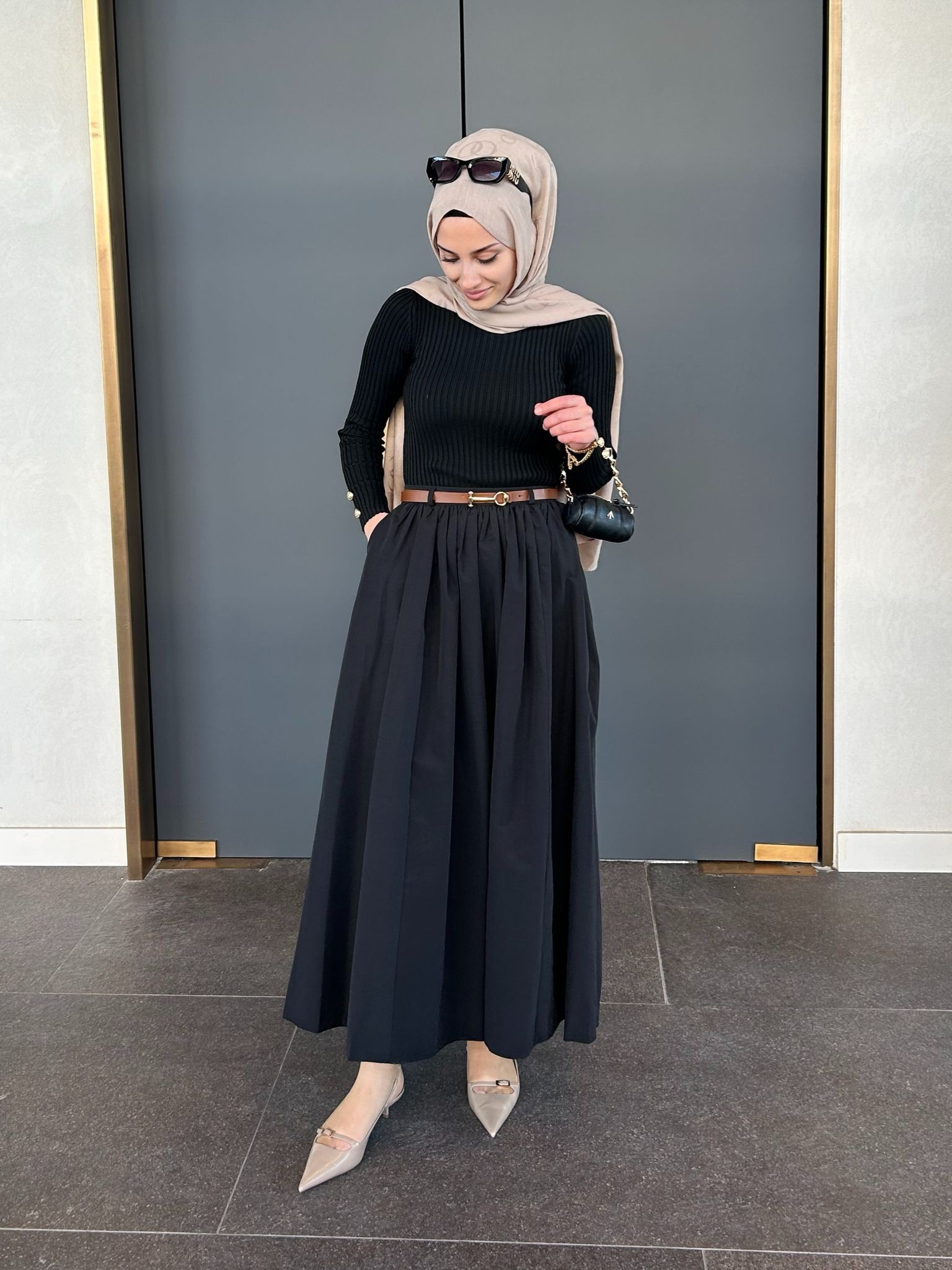 Kemerli Gabardin Etek - Siyah