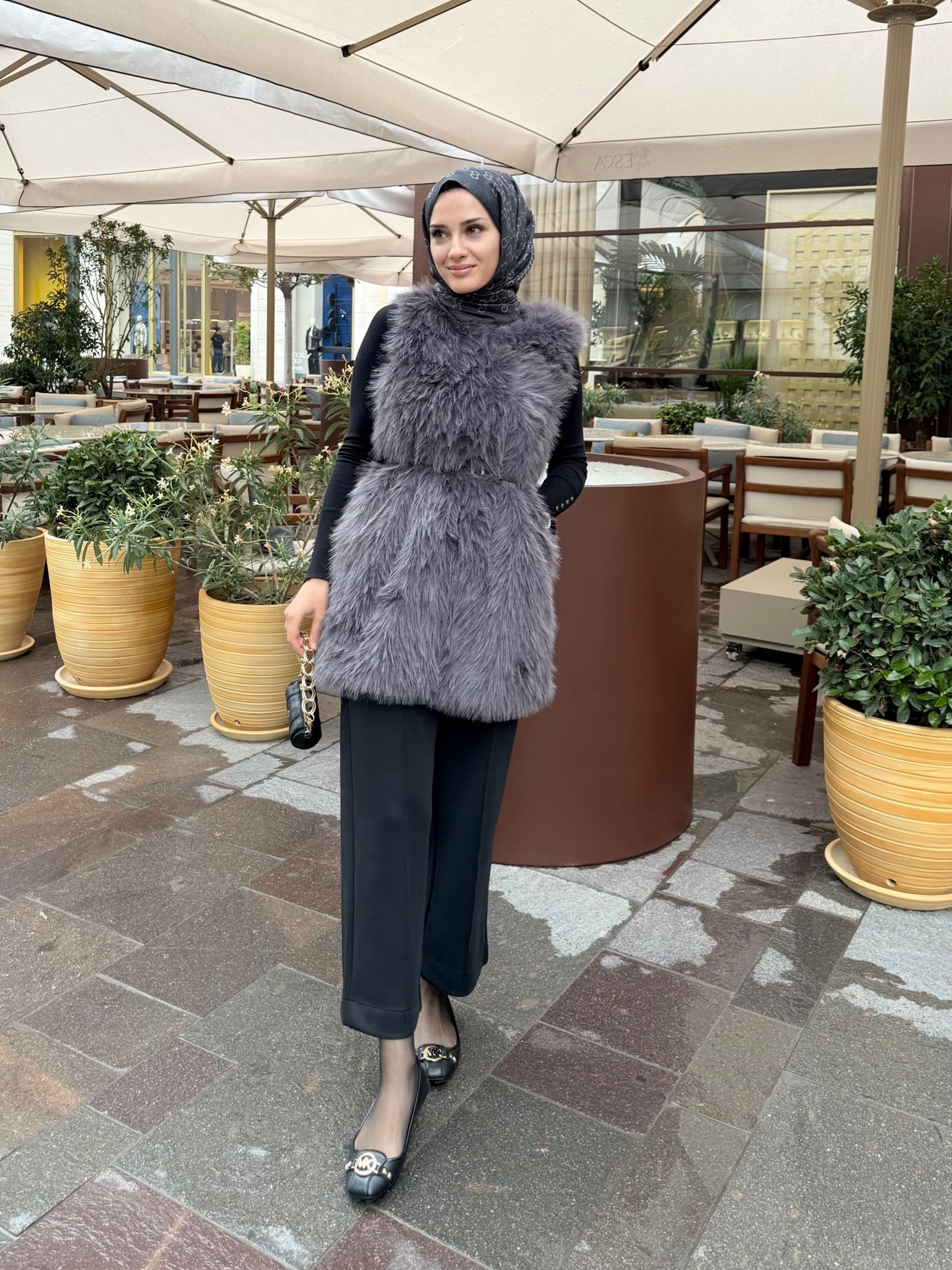 Stela Kemerli Kürk Yelek - Gri