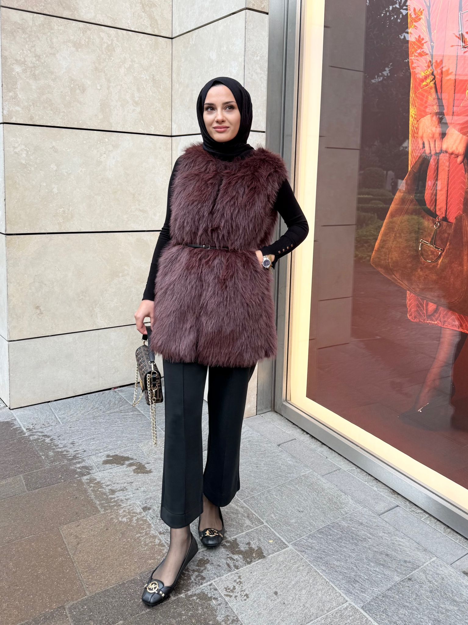 Stela Kemerli Kürk Yelek - Kahverengi