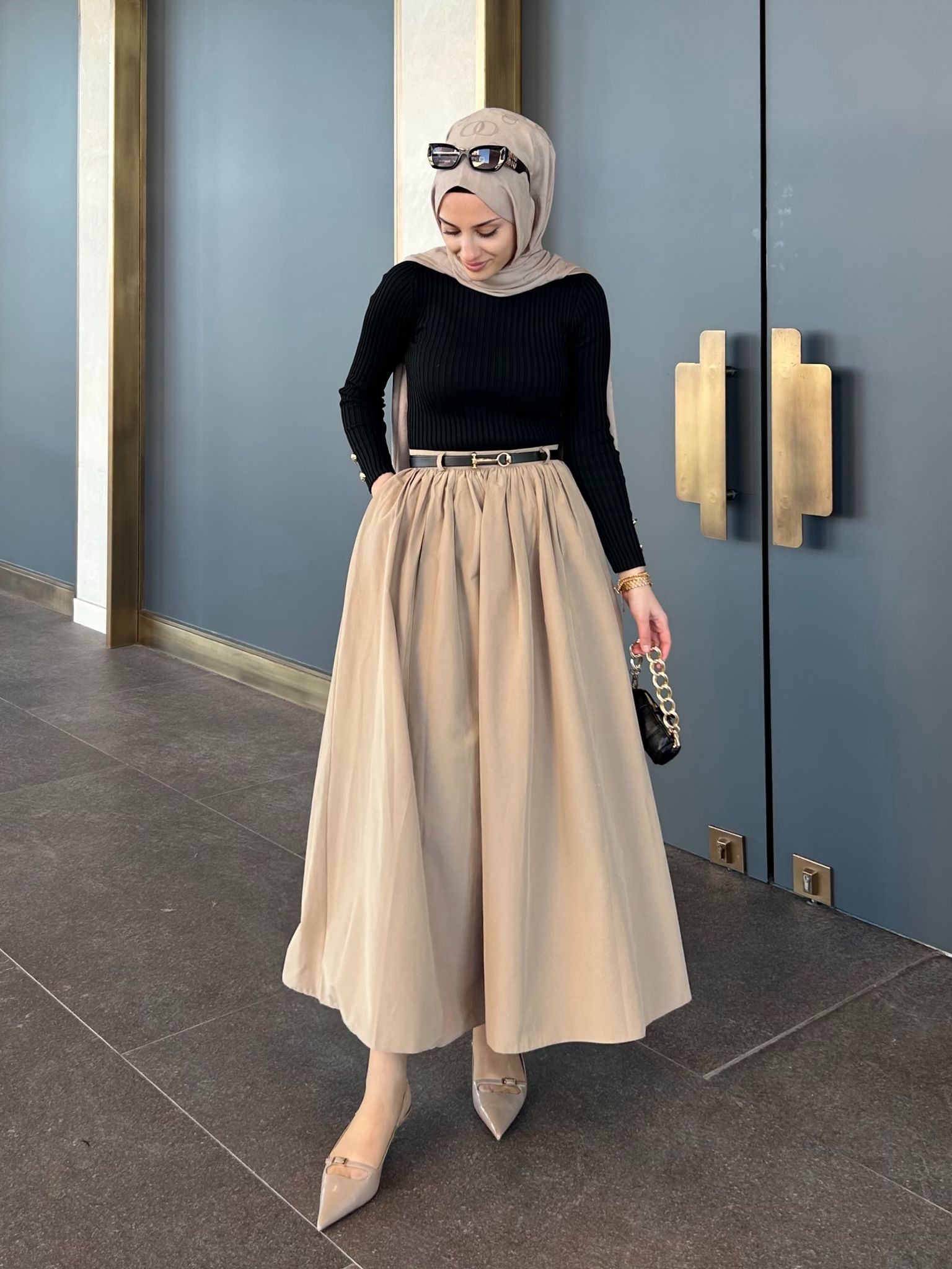 Kemerli Gabardin Etek - Camel