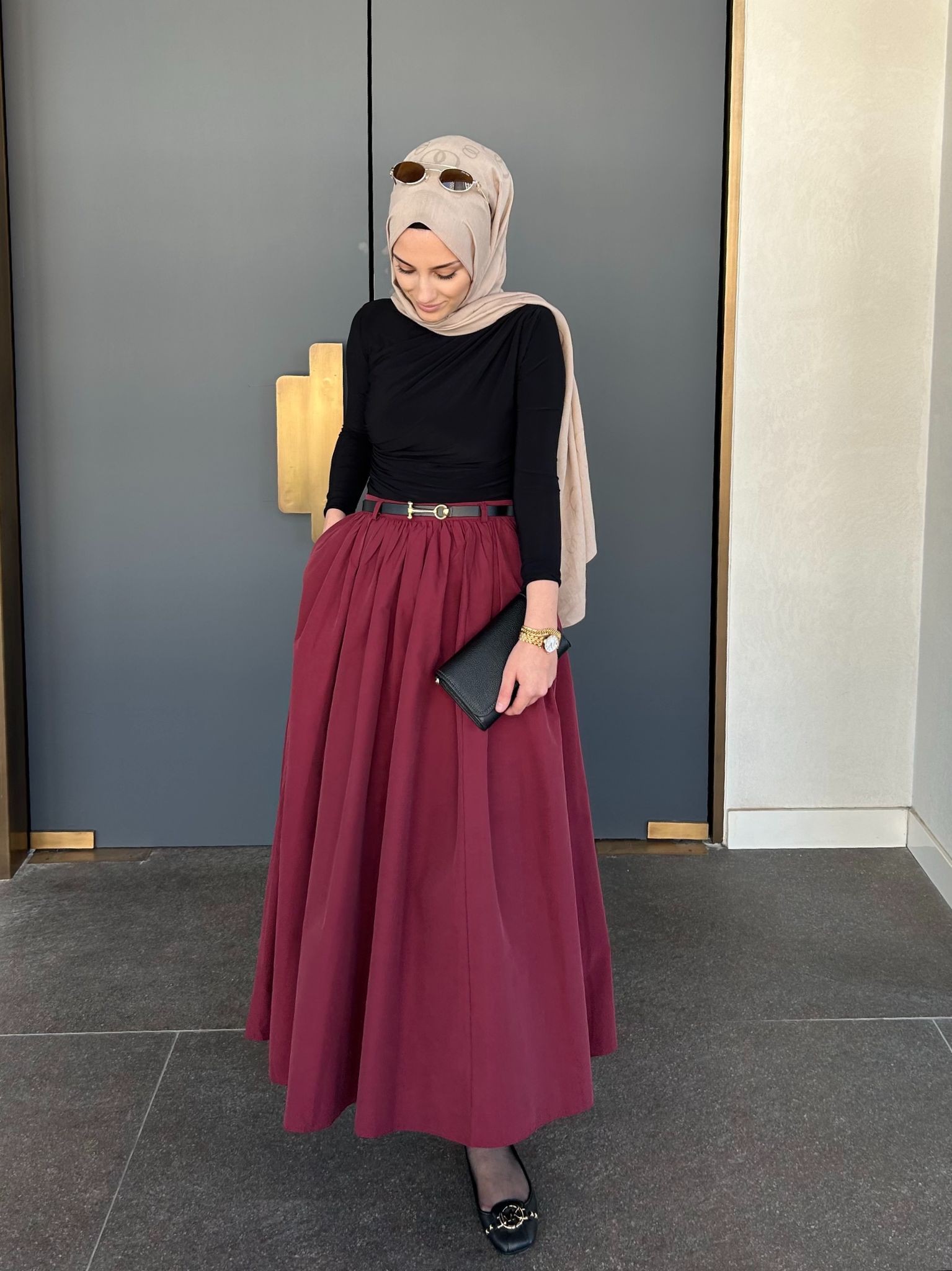 Kemerli Gabardin Etek - Bordo