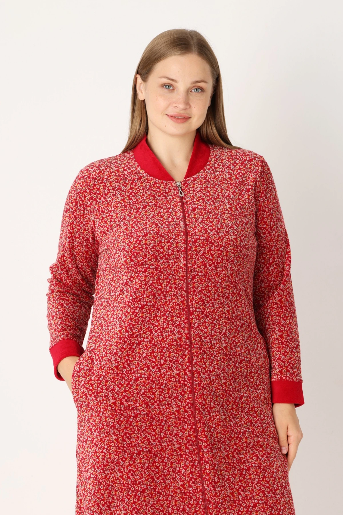 Kırmızı Desenli Pamuklu Kadife Cepli Fermuarlı Uzun Kollu Kadın Büyük Beden Elbise