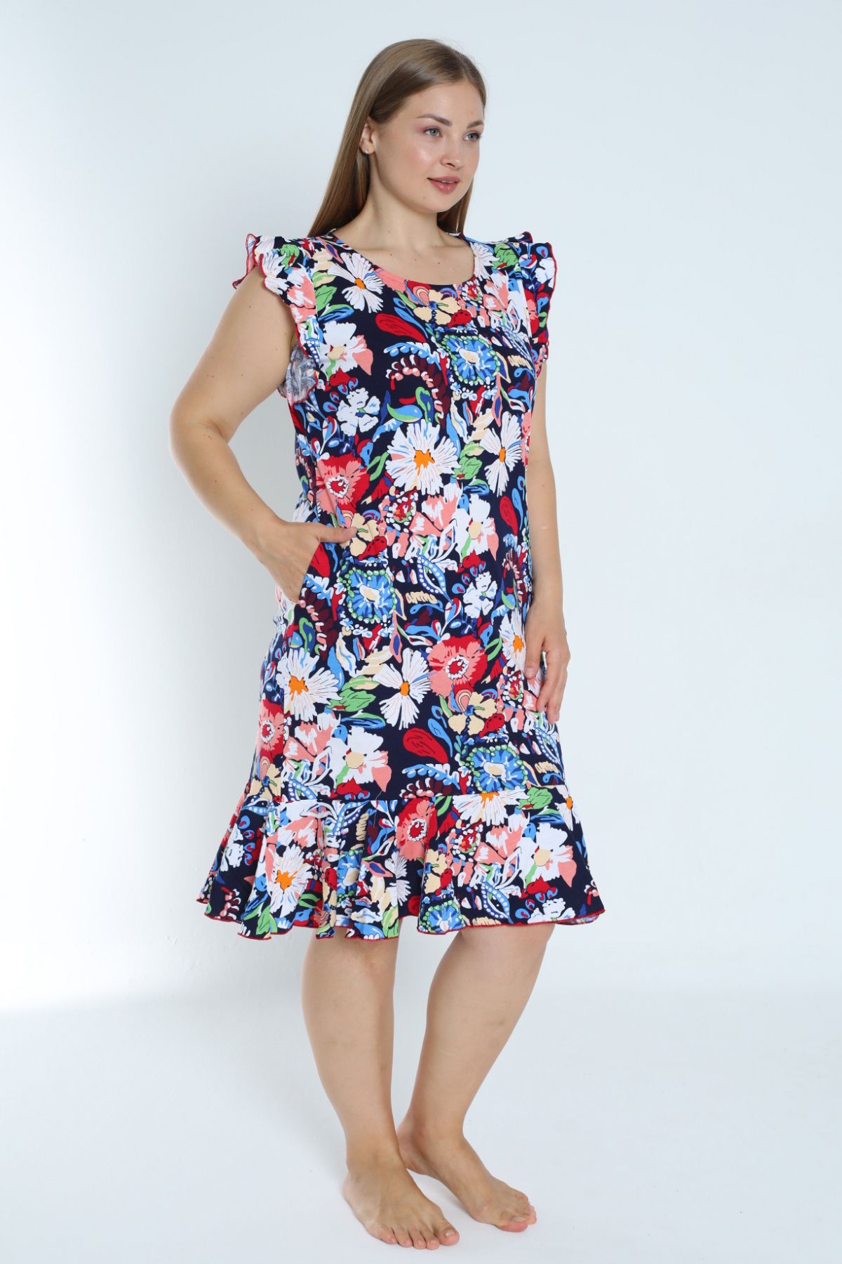 kolu ve eteği volanlı büyük beden desenli lacivert %100 pamuk cepli  elbise