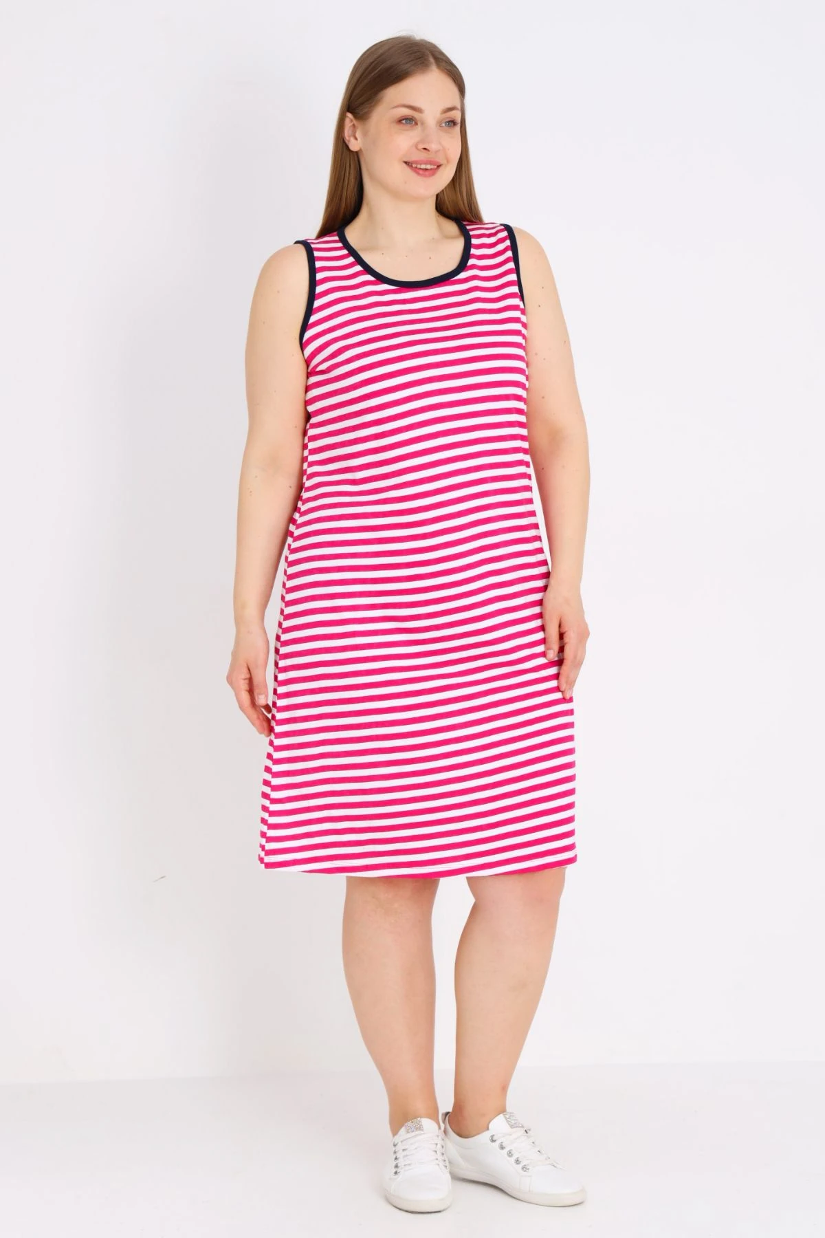 Kadın %100 Pamuk Çizgi Desenli Askılı Biyeli Elbise