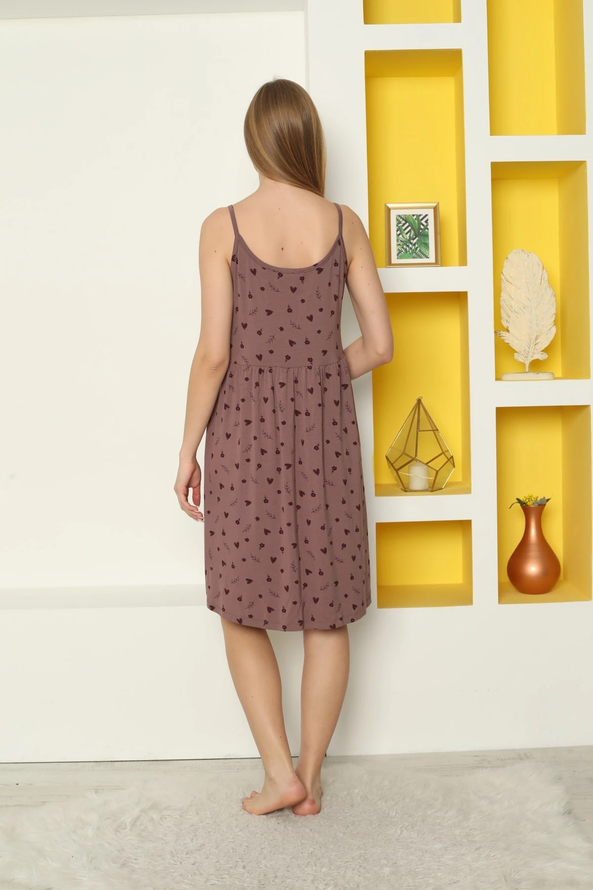 Desenli Dantelli Kurdeleli Askılı Likralı Viskon Gecelik