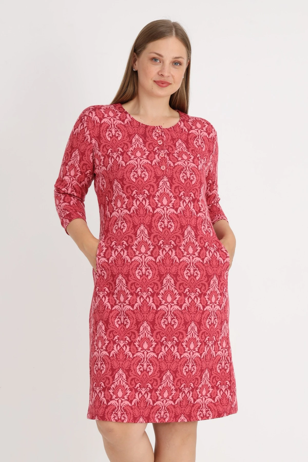 Desenli Truvakar Kollu Cepli Düğmeli Kadın Büyük Beden Jakarlı Elbise