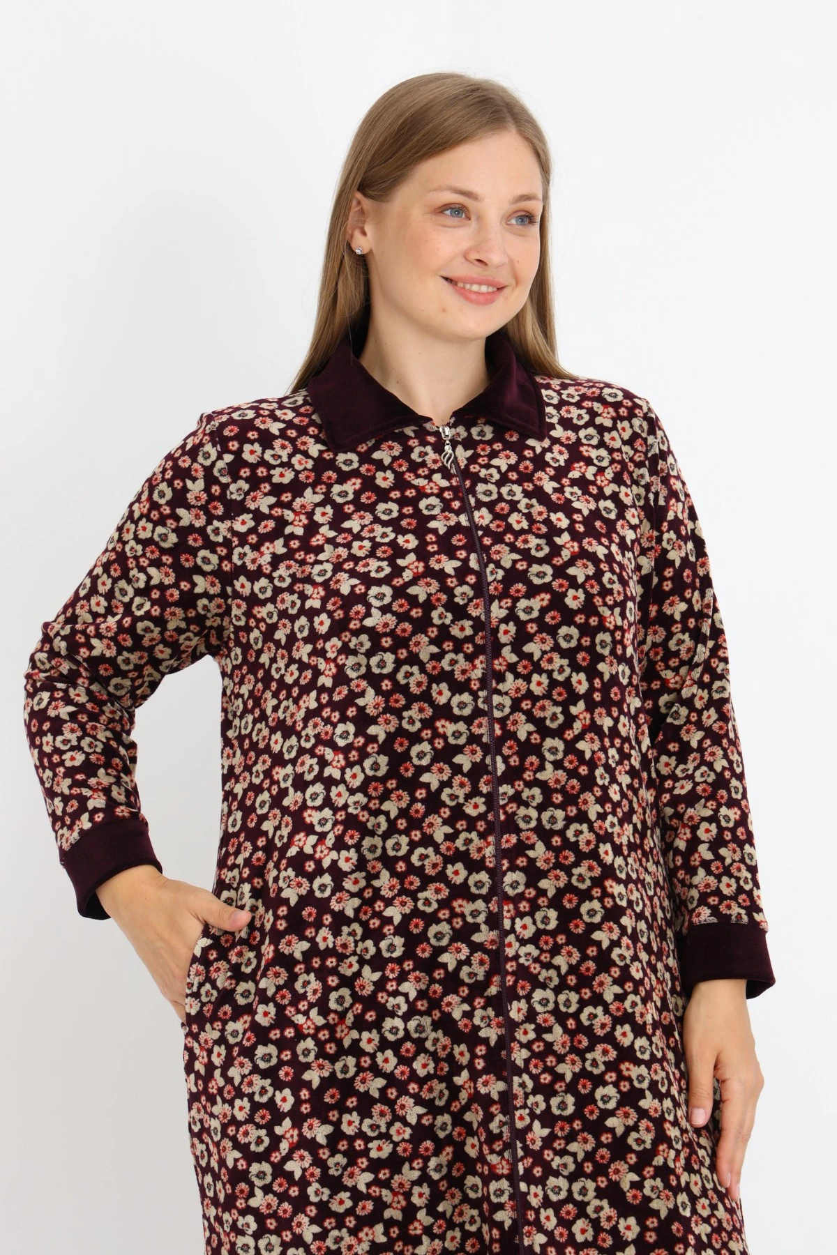 Kadın Büyük Beden Çiçek Desenli Pamuklu Kadife Fermuarlı Cepli Elbise