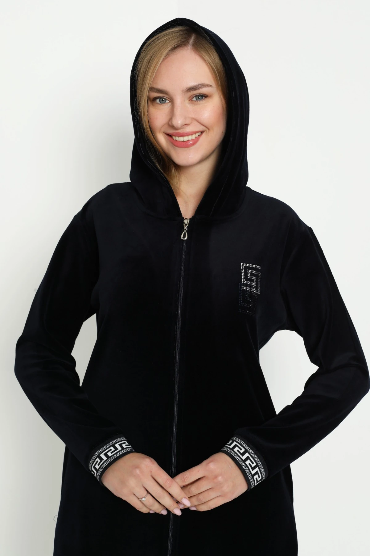 Siyah Kapüşonlu Taş Detaylı Fermuarlı Cepli Pamuklu Kadife Elbise