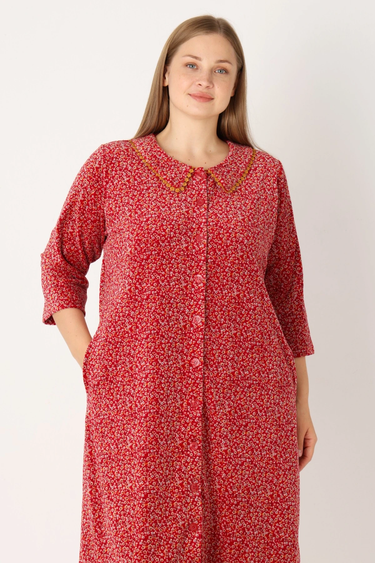 Çiçek Desenli Boydan Düğmeli Biyeli Cepli Pamuklu Kadife Kadın Büyük Beden Elbise