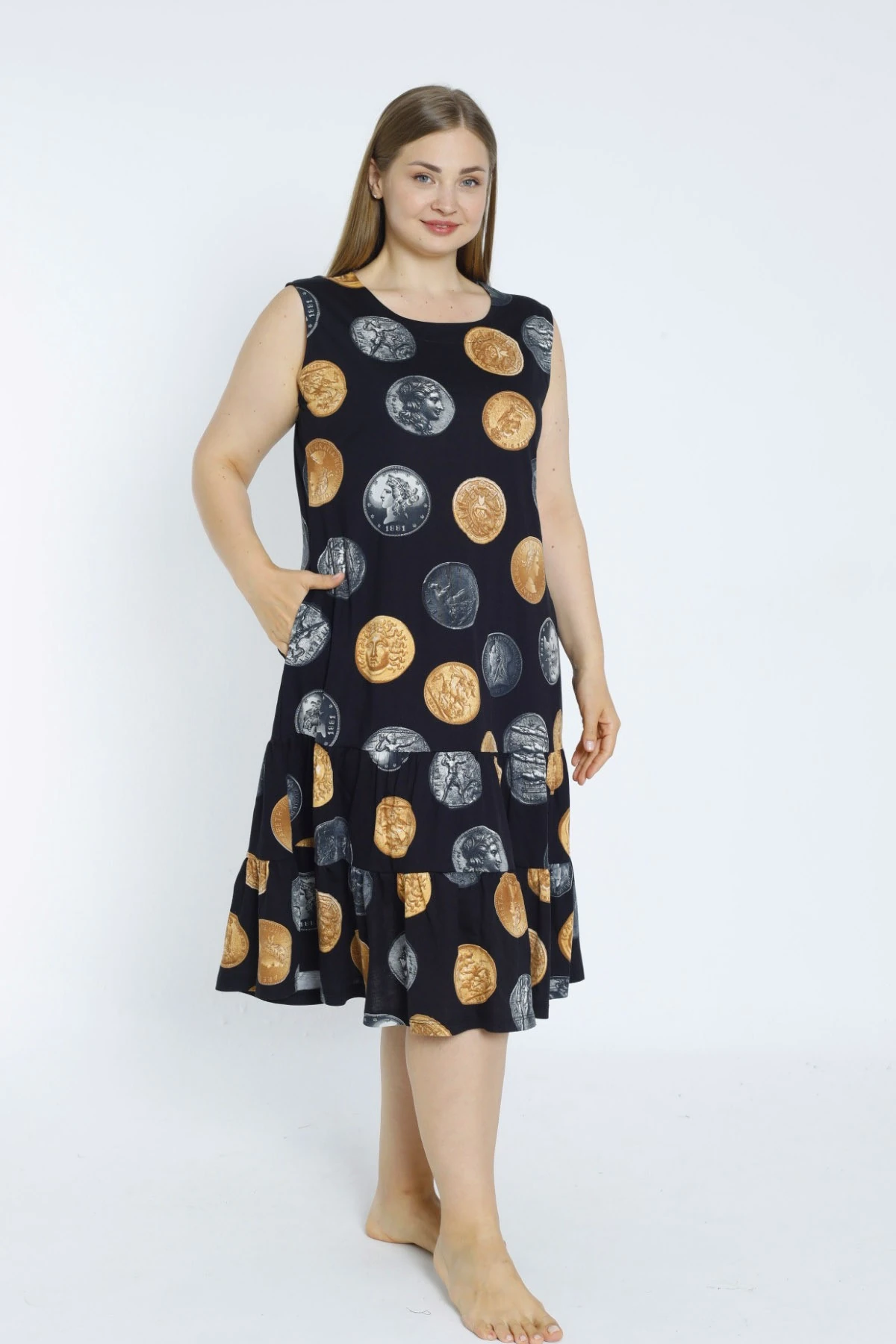 Siyah Para Desenli Askılı Cepli Pamuklu Elbise