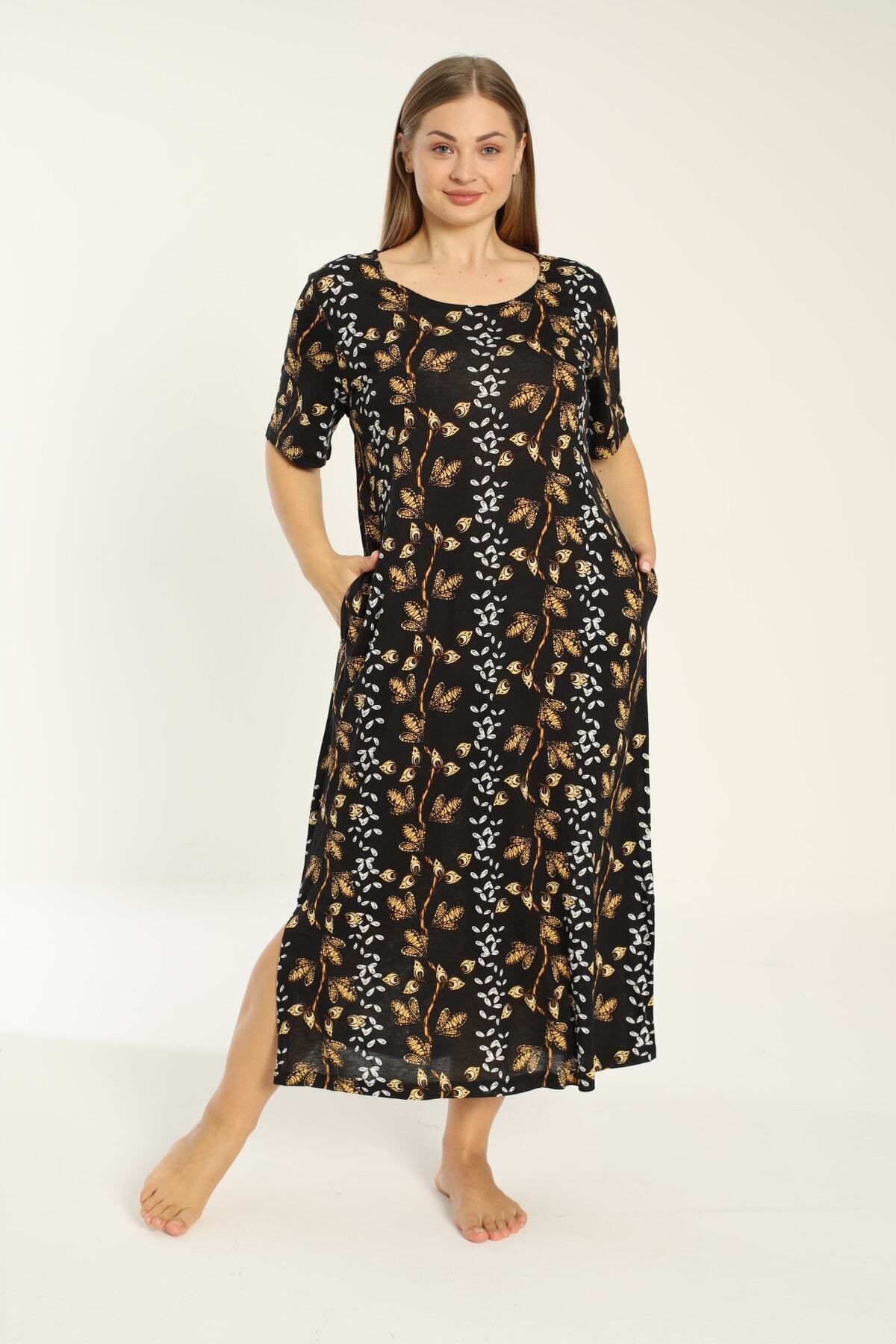 Desenli Cepli Kısa Kollu Kadın Büyük Beden Elbise