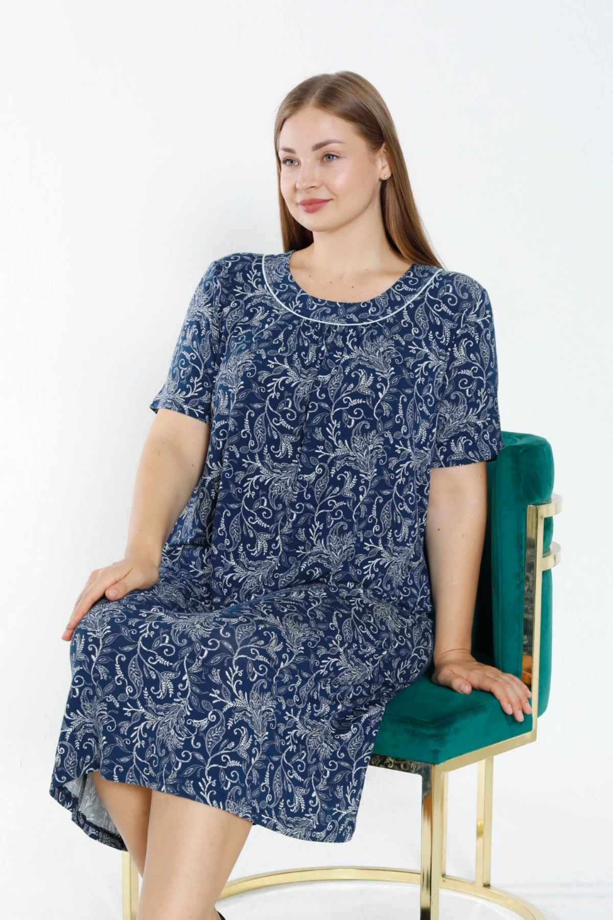 Lacivert Desenli Biyeli Kısa Kollu Esnek Viskon Kadın Büyük Beden Gecelik