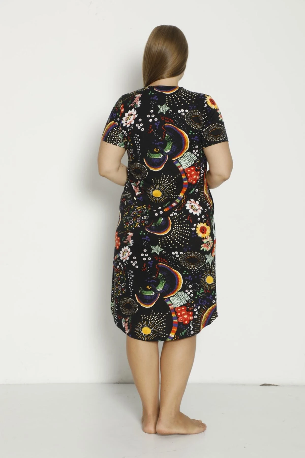 Kadın Kısa Kollu Cepli Düğmeli Büyük Beden Penye Modal Pamuklu Elbise