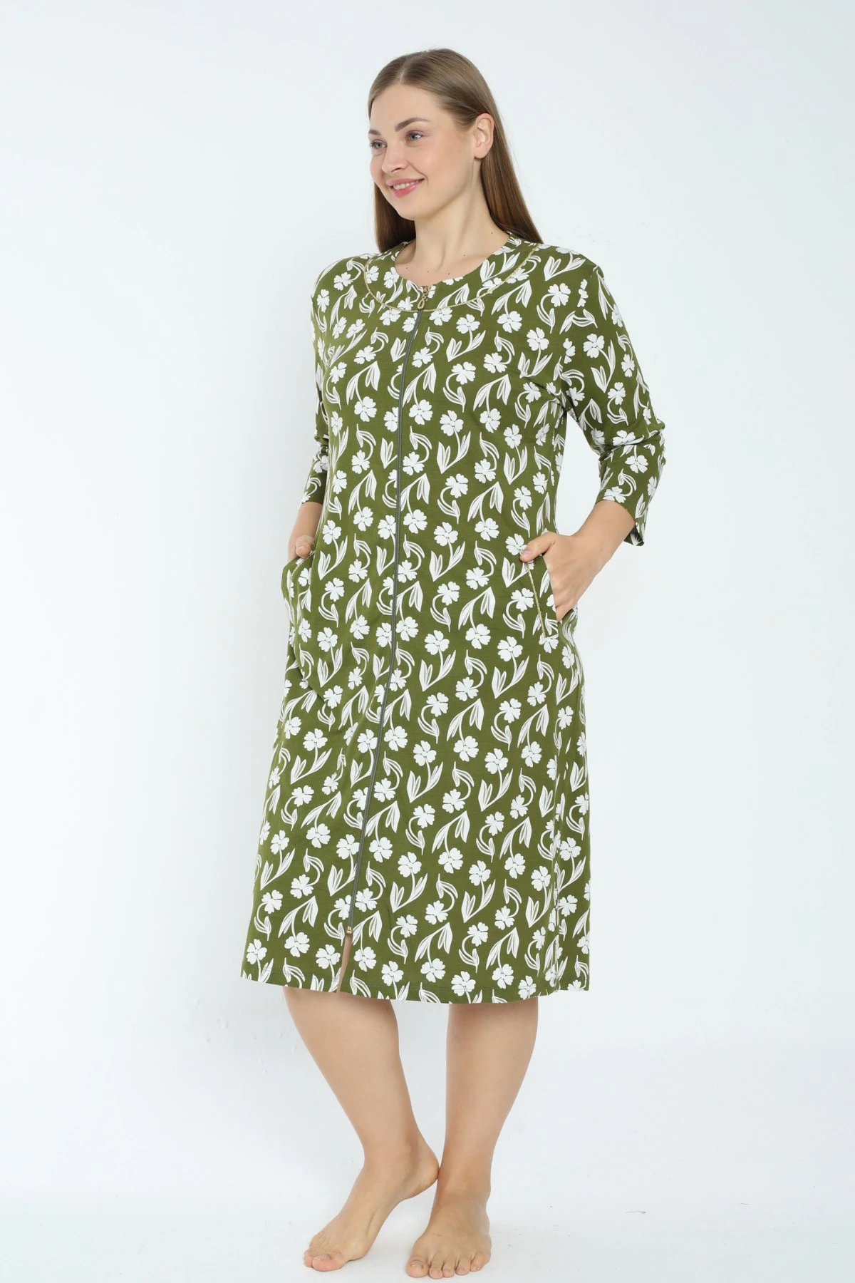 Kadın Yeşil Desenli Truvakar Kollu Büyük Beden Pamuklu Fermuarlı Elbise