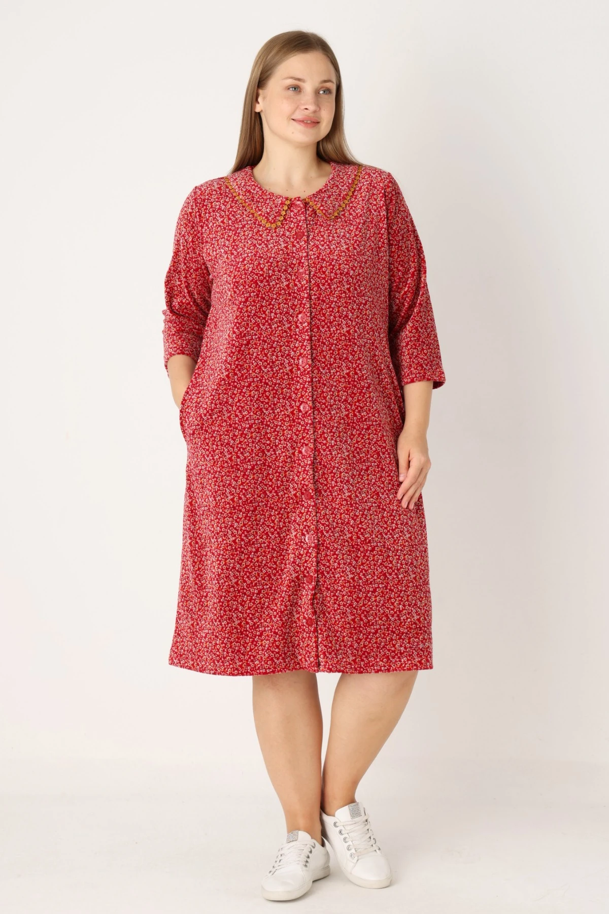 Çiçek Desenli Boydan Düğmeli Biyeli Cepli Pamuklu Kadife Kadın Büyük Beden Elbise