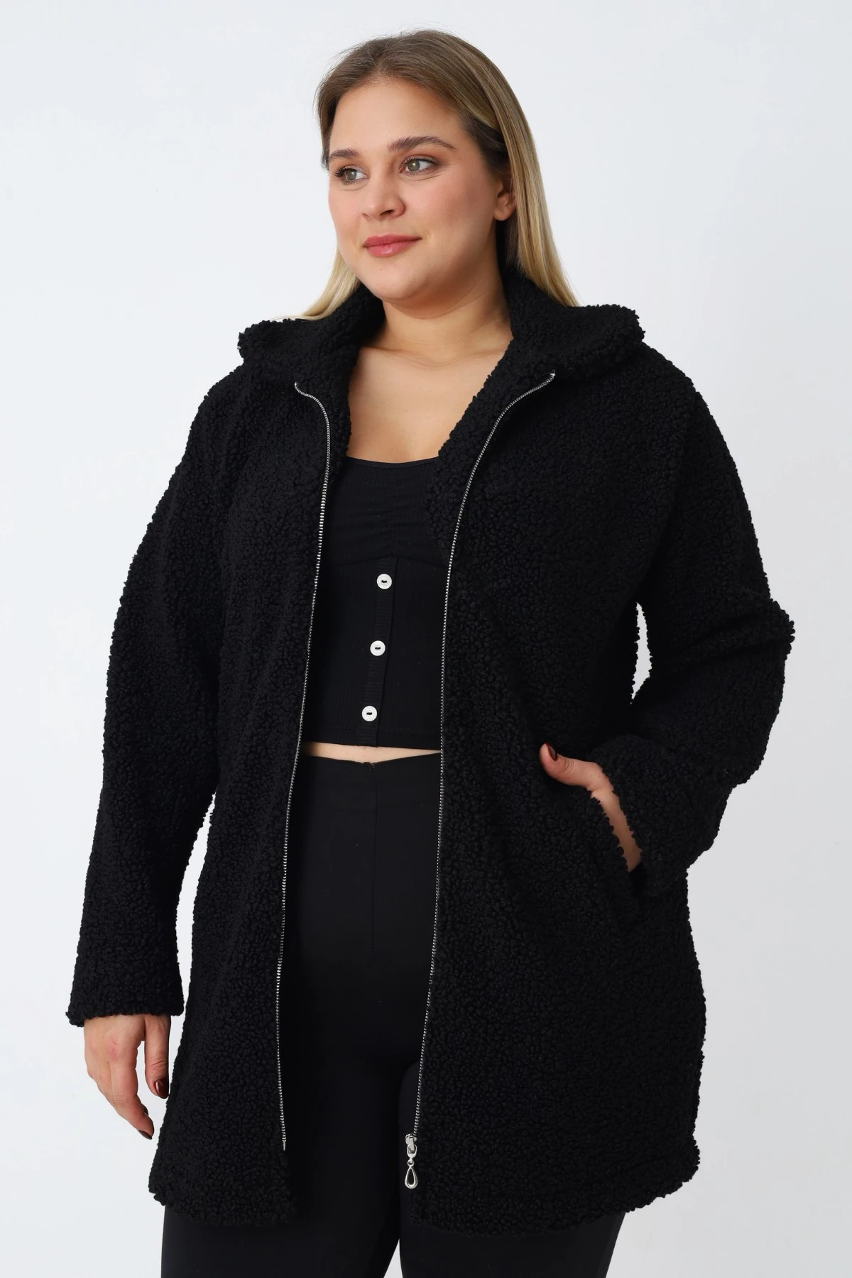 Kadın Büyük Beden Siyah Fermuarlı Cepli Soft Teddy Peluş Uzun Kollu Hırka