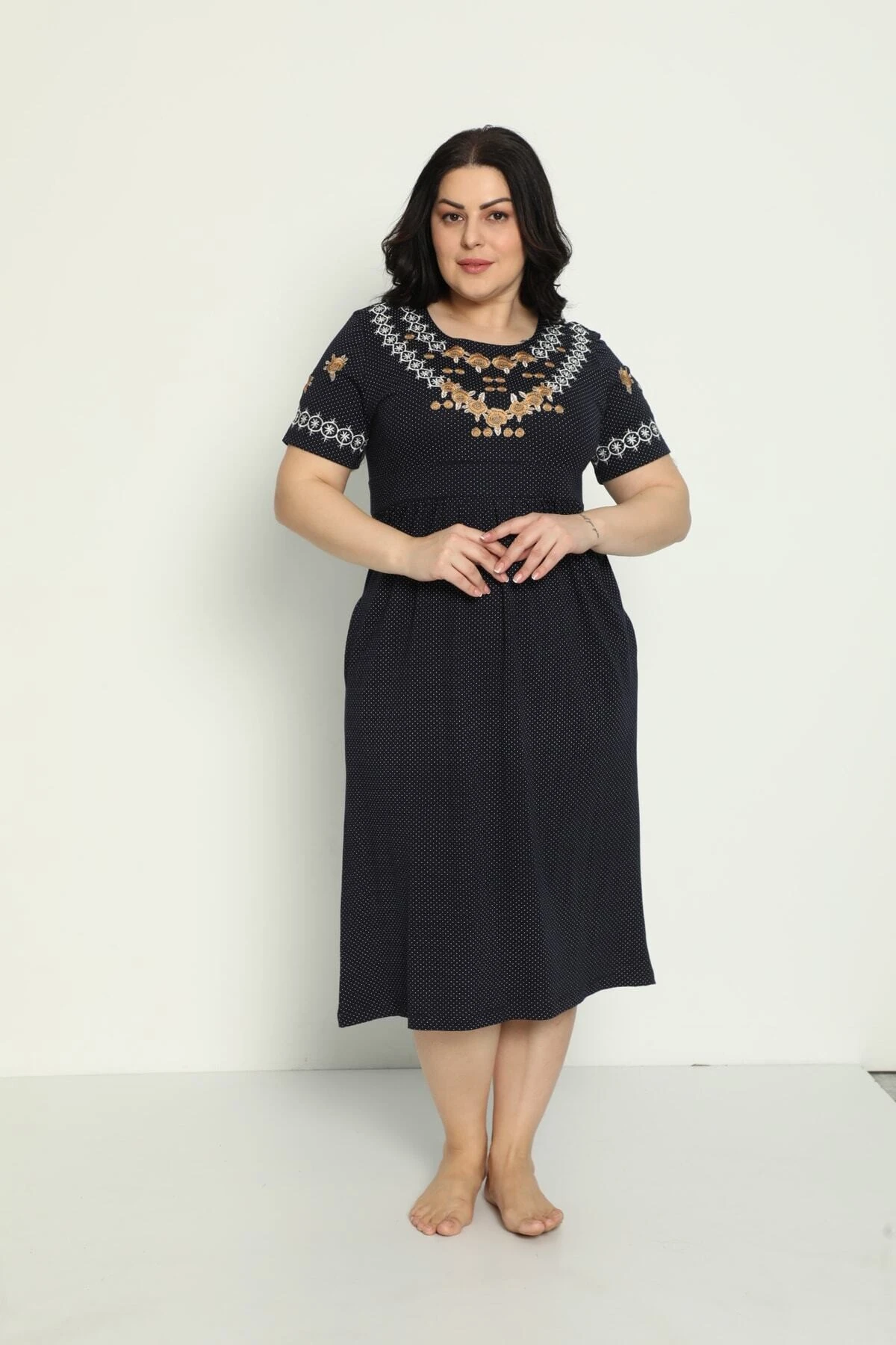 Kadın Cepli Nakış Detaylı Penye Modal Büyük Beden Elbise