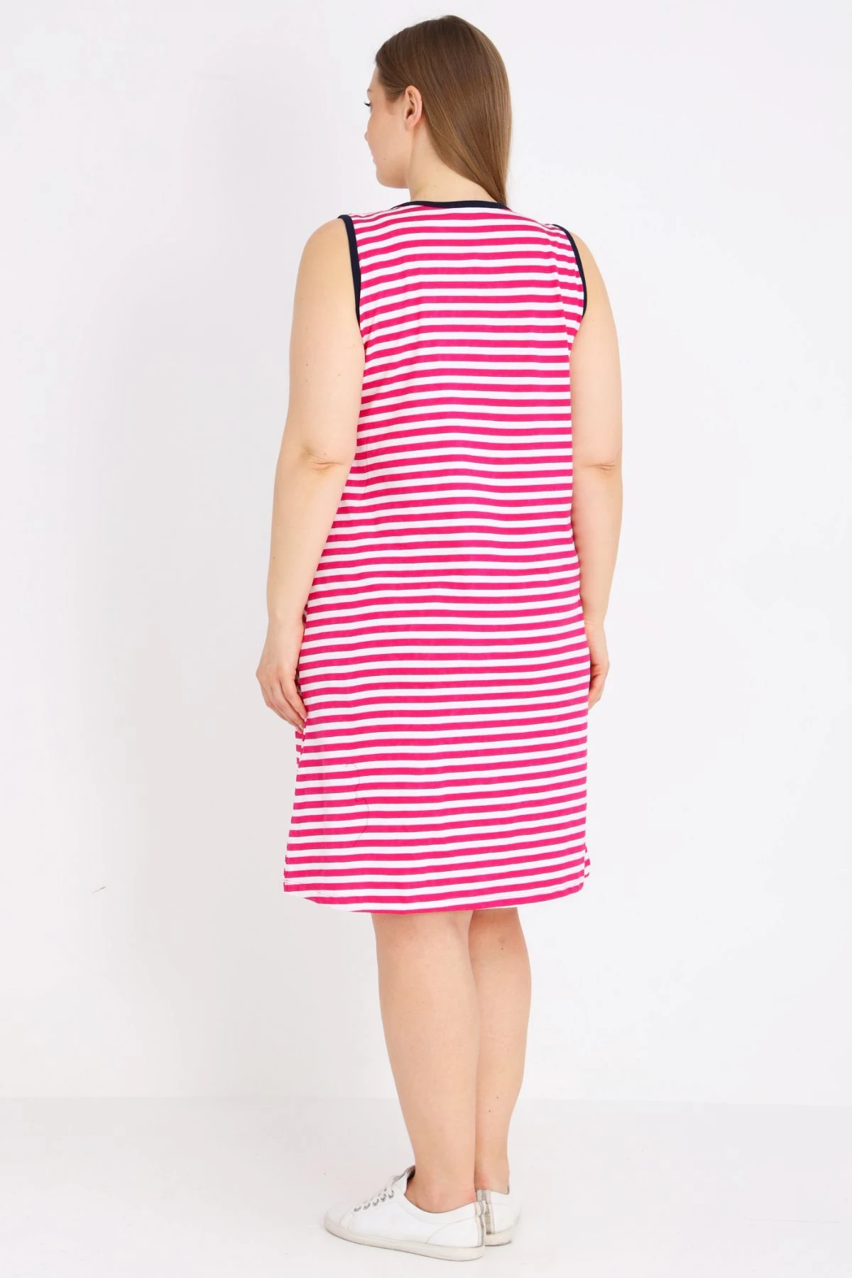 Kadın %100 Pamuk Çizgi Desenli Askılı Biyeli Elbise