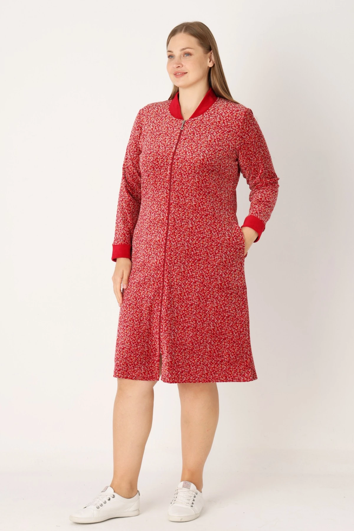 Kırmızı Desenli Pamuklu Kadife Cepli Fermuarlı Uzun Kollu Kadın Büyük Beden Elbise