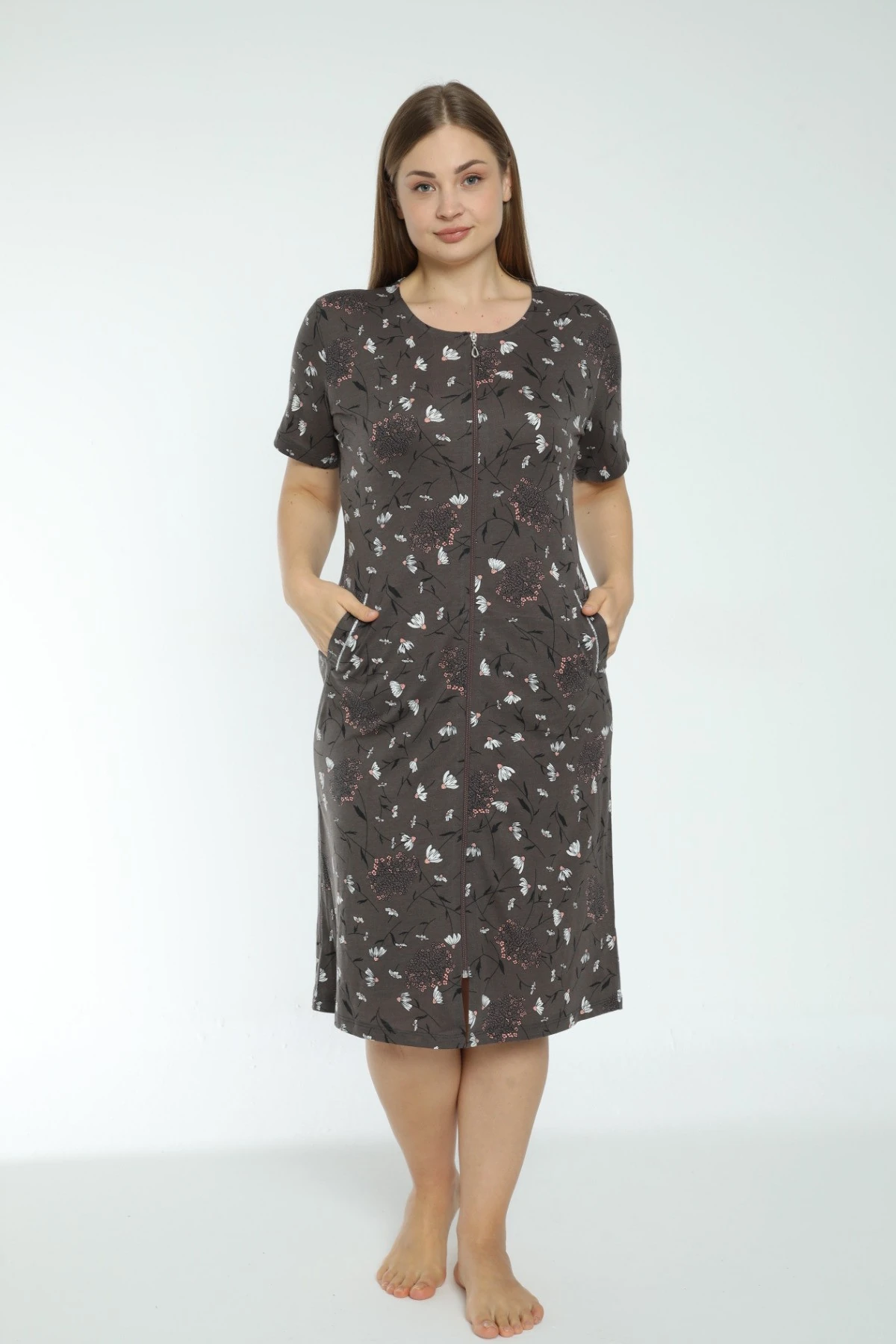 Kadın Çiçek Desenli Fermuarlı Cepli Büyük Beden Pamuklu Kısa Kollu Elbise