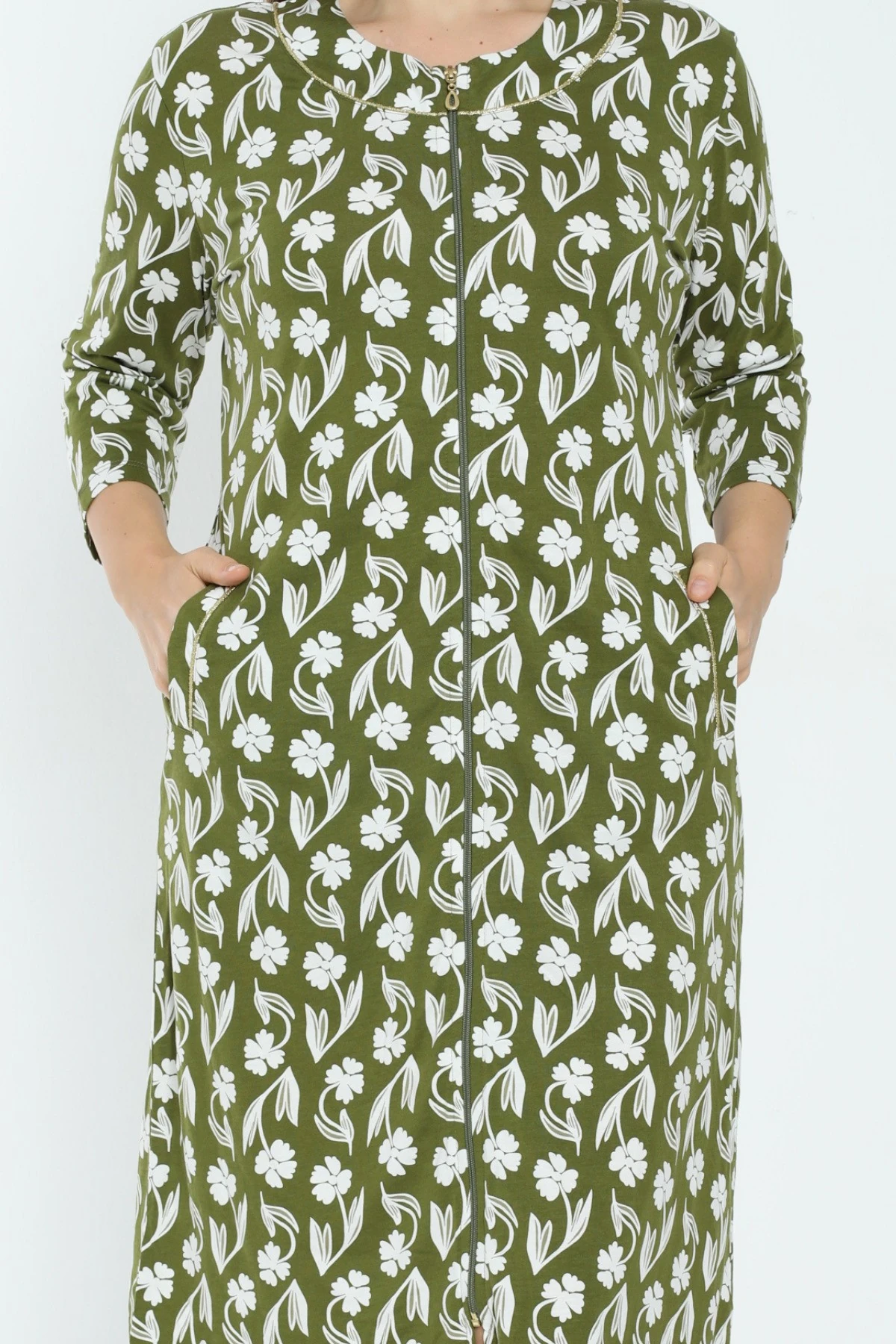 Kadın Yeşil Desenli Truvakar Kollu Büyük Beden Pamuklu Fermuarlı Elbise