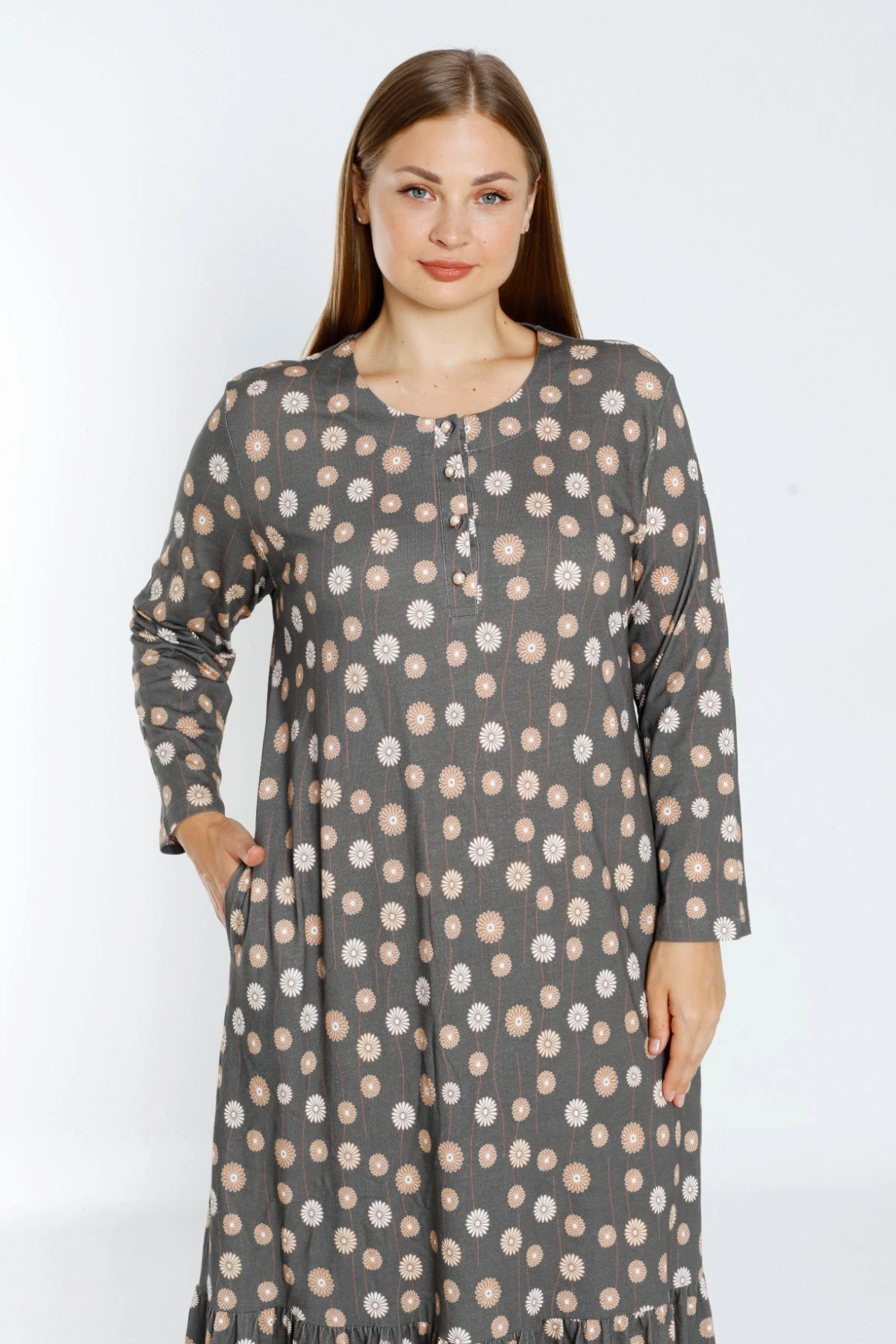 Desenli Uzun Kollu Düğmeli Cepli Kadın Büyük Beden Pamuklu Elbise