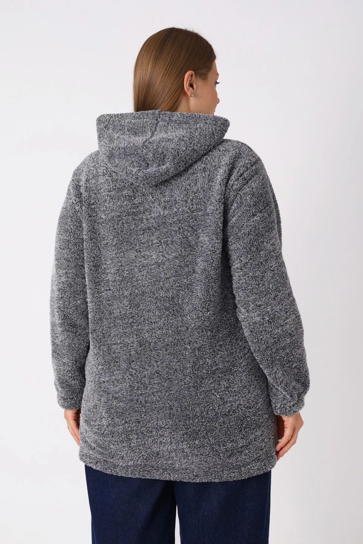 Kadın Büyük Beden Kapüşonlu Fermuarlı Cepli Soft Peluş Sweatshirt