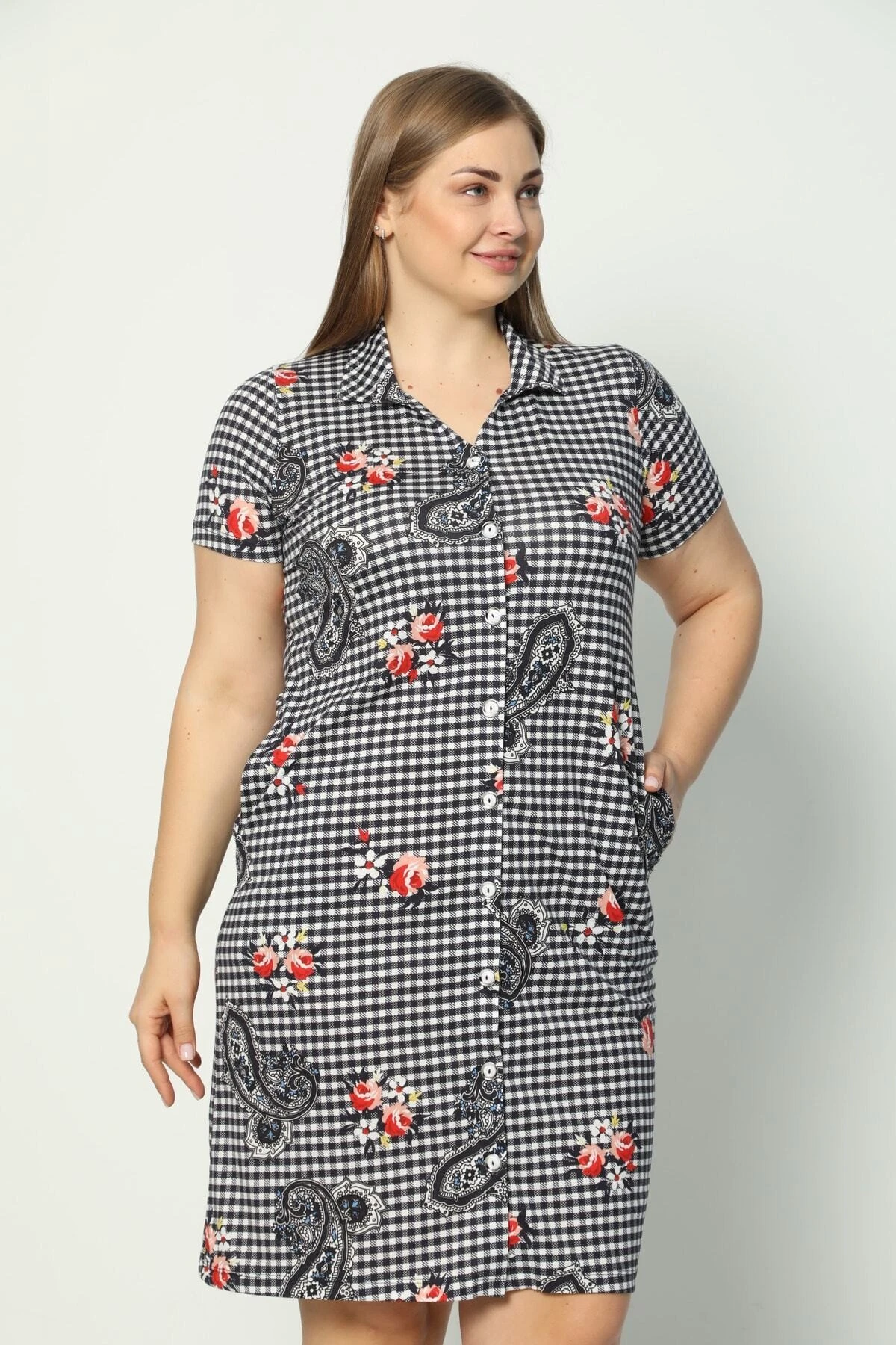 Kadın Kısa Kollu Desenli Düğmeli Cepli Büyük Beden Penye Modal Elbise
