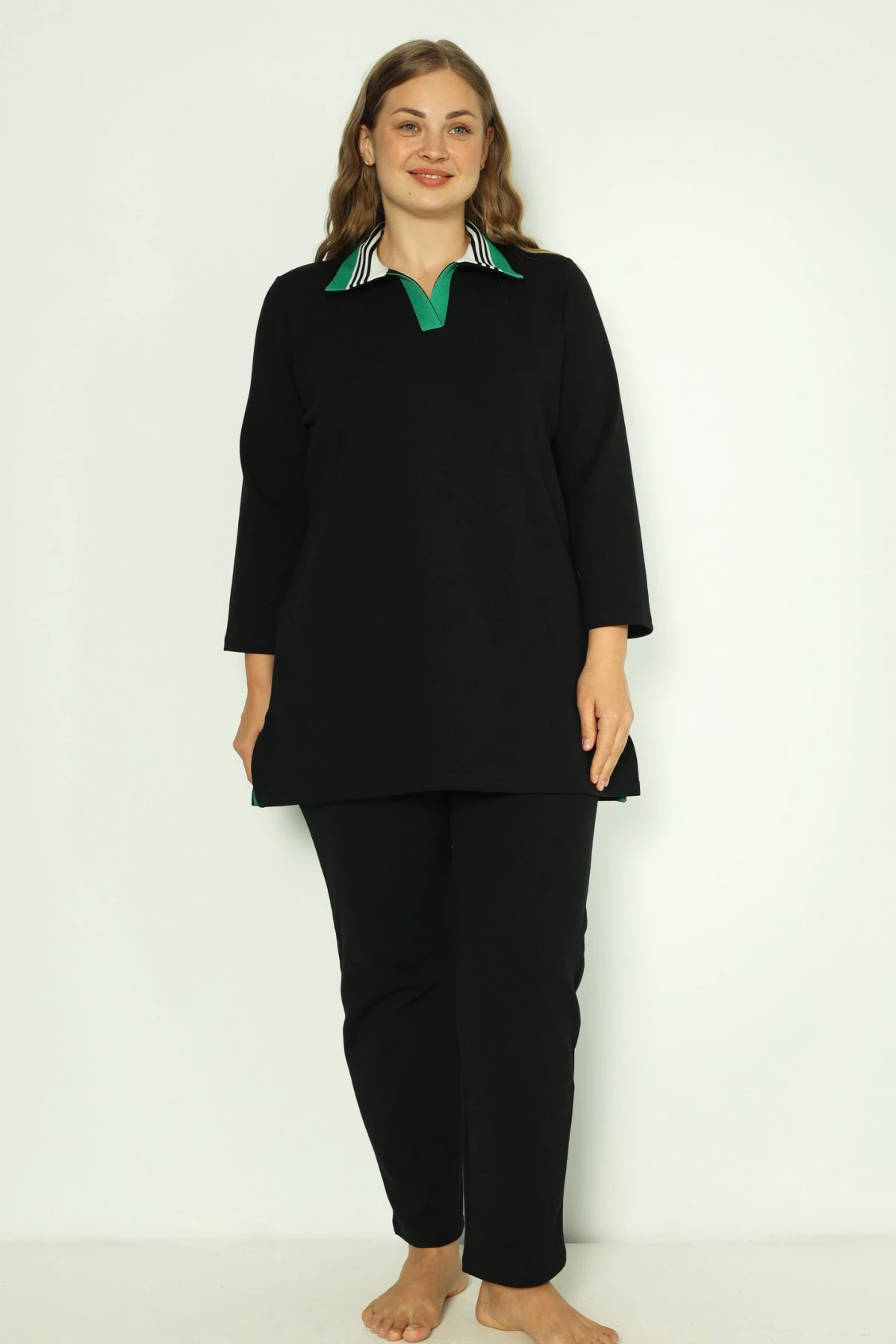 Siyah Kadın Büyük Beden Pamuklu İnterlok Truvakar Kollu Cepli Biyeli Alt-Üst Eşofman Takımı