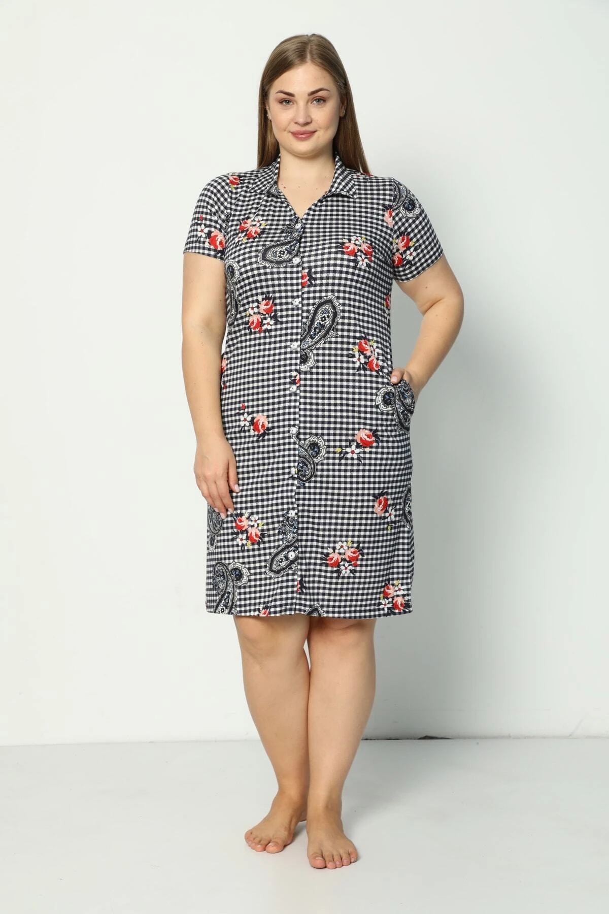 Kadın Kısa Kollu Desenli Düğmeli Cepli Büyük Beden Penye Modal Elbise