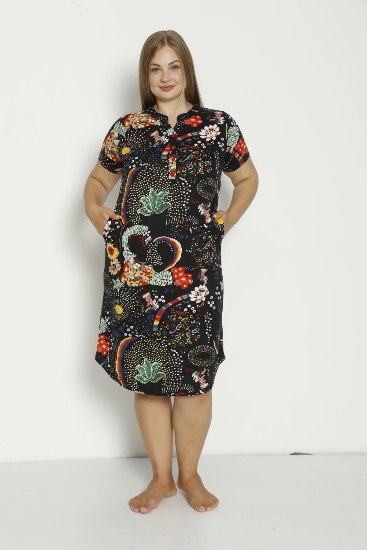 Kadın Kısa Kollu Cepli Düğmeli Büyük Beden Penye Modal Pamuklu Elbise