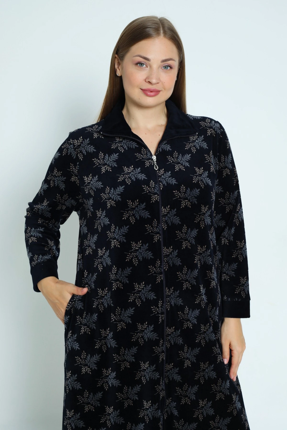 Desenli Lacivert Fermuarlı Uzun Kollu Pamuklu Kadife Uzun Kadın Büyük Beden Elbise