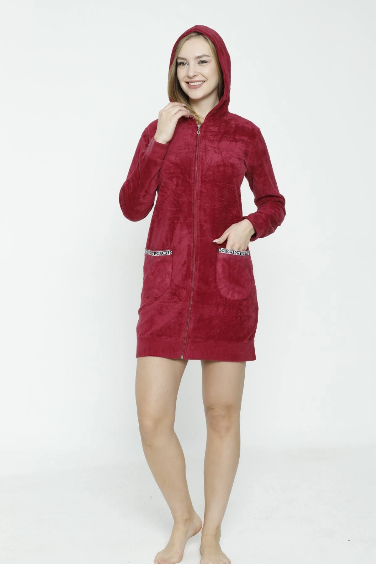 Kadın Uzun Kollu Kapüşonlu Soft Polar Cepli Fermuarlı Elbise