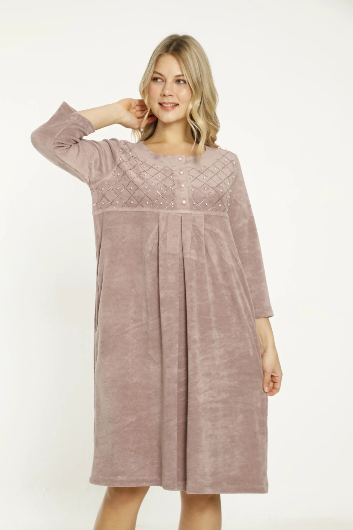 Lacivert Taş Detaylı Düğmeli Pamuklu Havlu Elbise