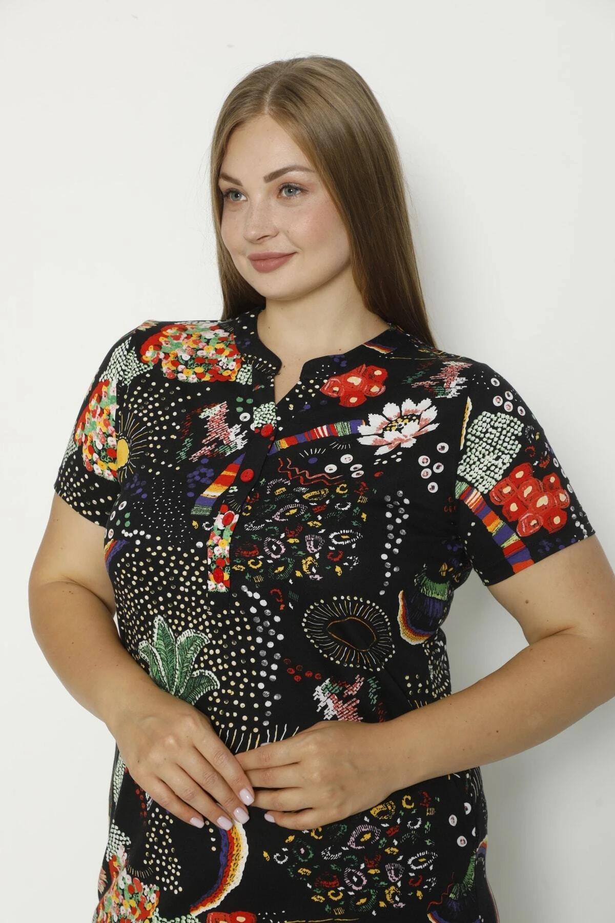 Kadın Kısa Kollu Cepli Düğmeli Büyük Beden Penye Modal Pamuklu Elbise