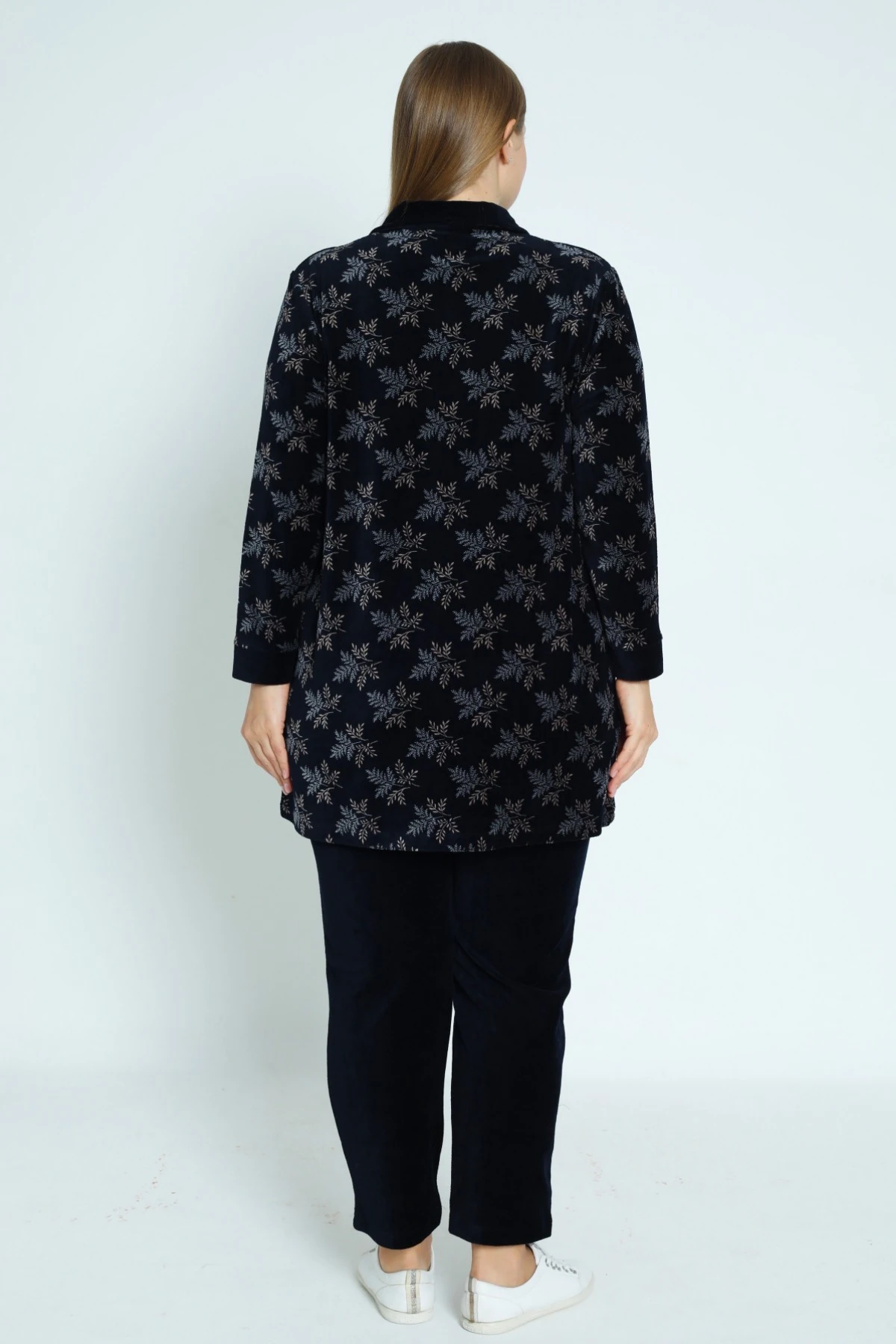 Kadın Büyük Beden Lacivert Yaprak Desenli Fermuarlı Cepli Pamuklu Kadife Alt Üst Takım