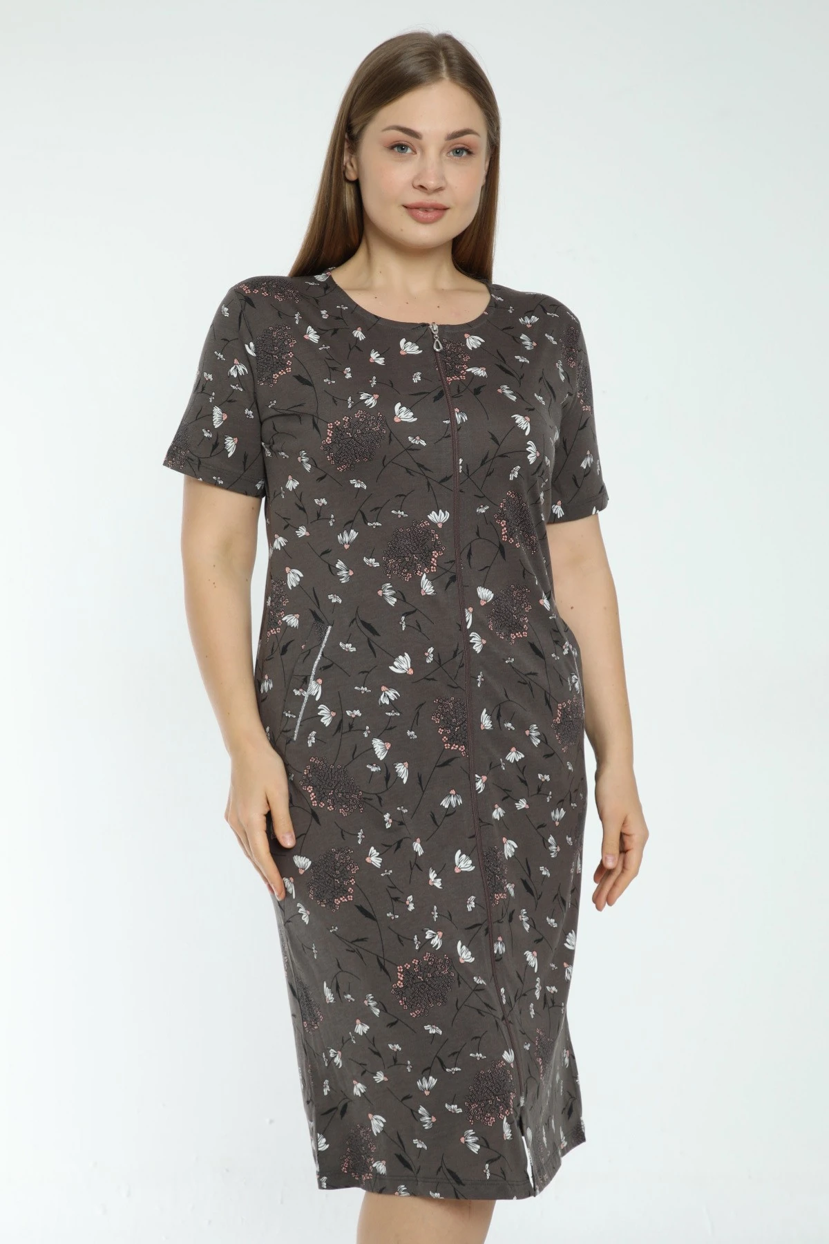 Kadın Çiçek Desenli Fermuarlı Cepli Büyük Beden Pamuklu Kısa Kollu Elbise