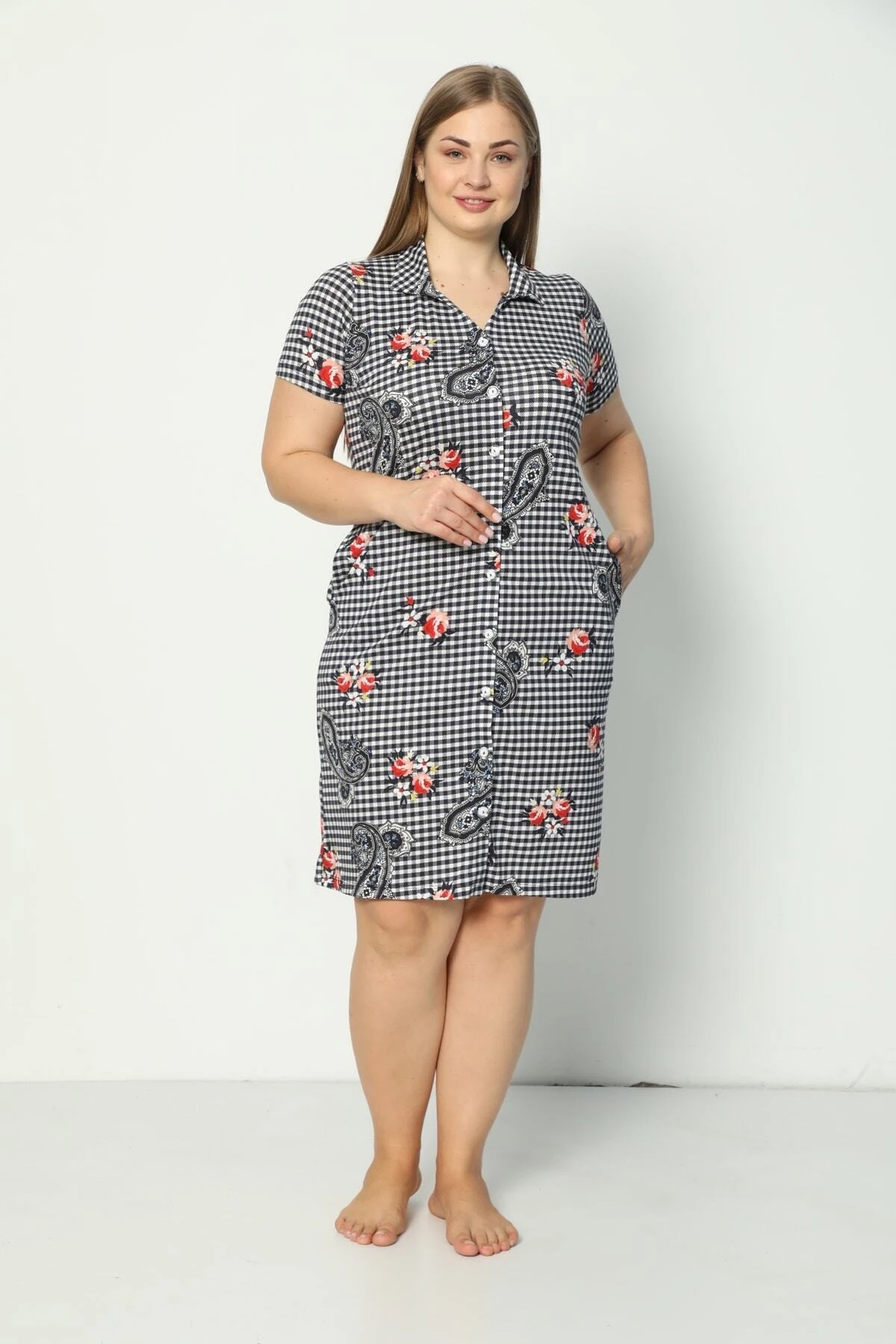 Kadın Kısa Kollu Desenli Düğmeli Cepli Büyük Beden Penye Modal Elbise