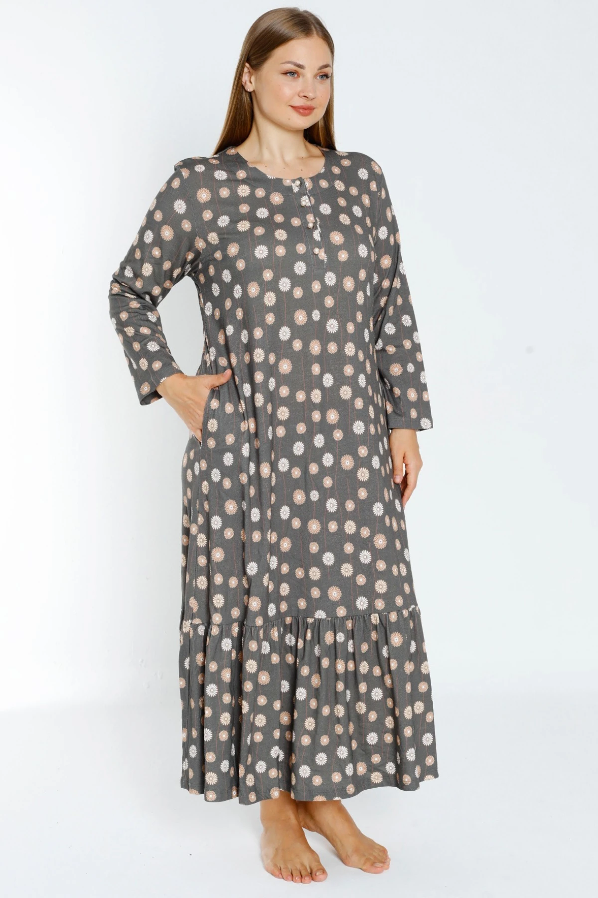 Desenli Uzun Kollu Düğmeli Cepli Kadın Büyük Beden Pamuklu Elbise