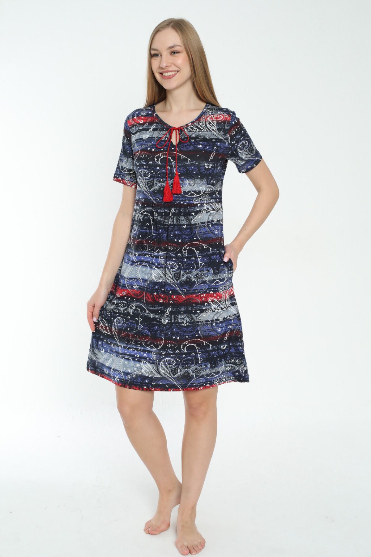 desenli cepli püskül detaylı kısa kollu elbise